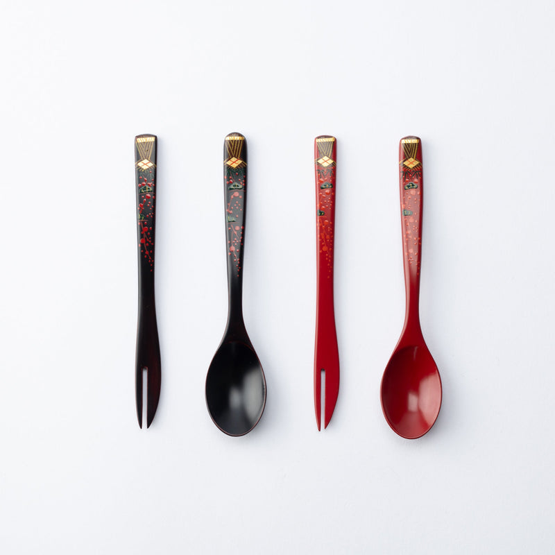 Fukunishi Sobe Pine, Bamboo and Plum Aizu Lacquerware Dessert Spoon and Fork Set - MUSUBI KILN - Quality Japanese Tableware and Gift