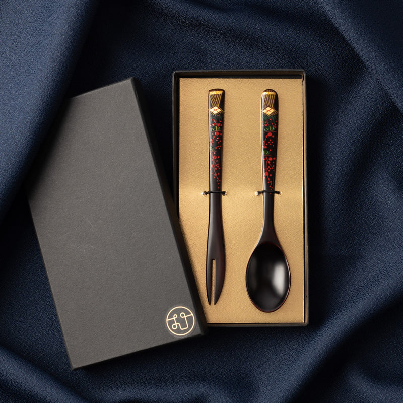 Fukunishi Sobe Pine, Bamboo and Plum Aizu Lacquerware Dessert Spoon and Fork Set - MUSUBI KILN - Quality Japanese Tableware and Gift