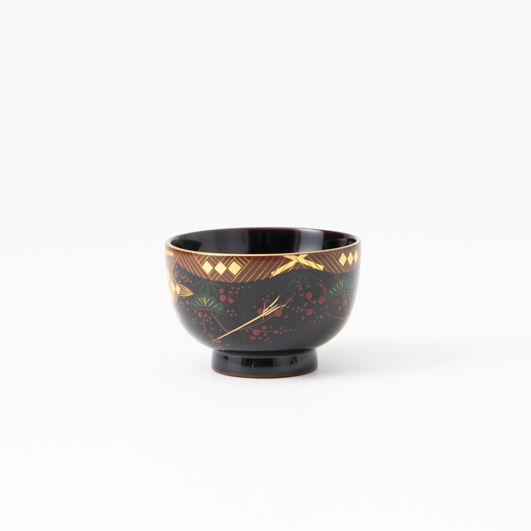 Fukunishi Sobe Pine, Bamboo and Plum Aizu Lacquerware Guinomi Sake Cup - MUSUBI KILN - Quality Japanese Tableware and Gift