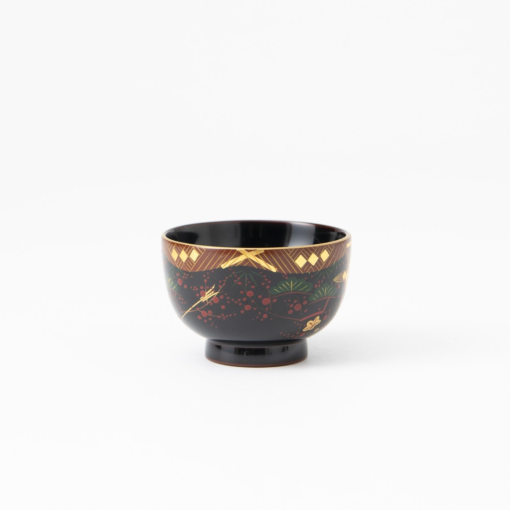 Fukunishi Sobe Pine, Bamboo and Plum Aizu Lacquerware Guinomi Sake Cup - MUSUBI KILN - Quality Japanese Tableware and Gift