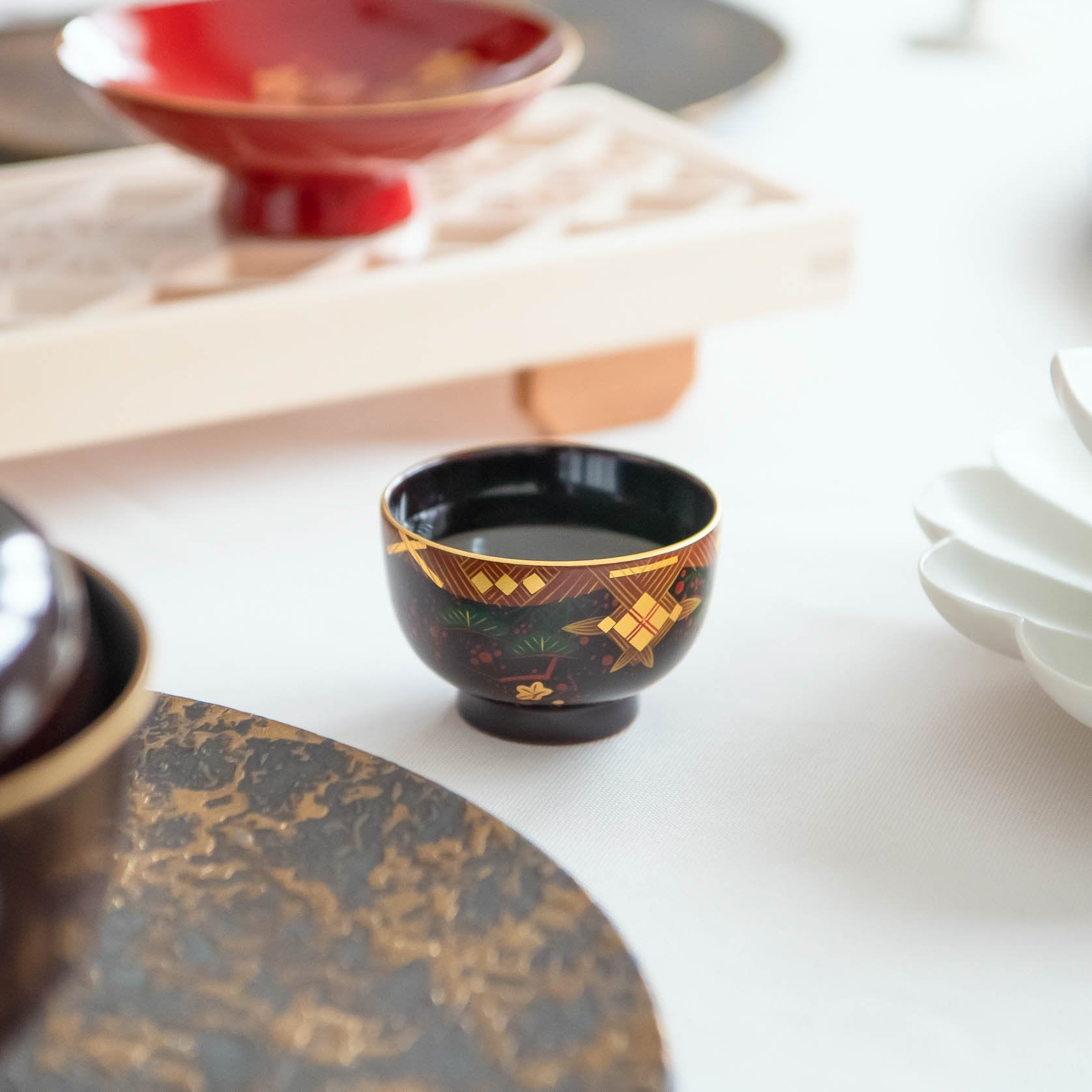 Fukunishi Sobe Pine, Bamboo and Plum Aizu Lacquerware Guinomi Sake Cup - MUSUBI KILN - Quality Japanese Tableware and Gift