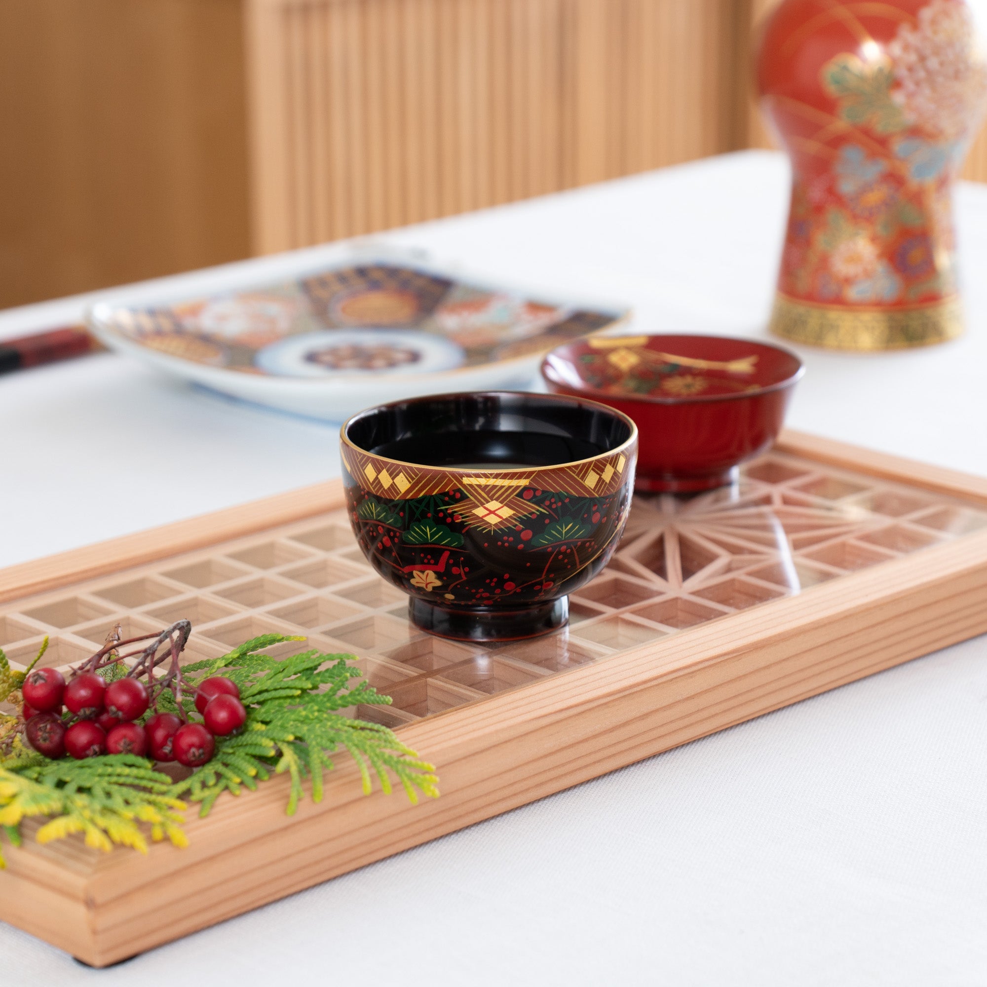 Fukunishi Sobe Pine, Bamboo and Plum Aizu Lacquerware Guinomi Sake Cup - MUSUBI KILN - Quality Japanese Tableware and Gift