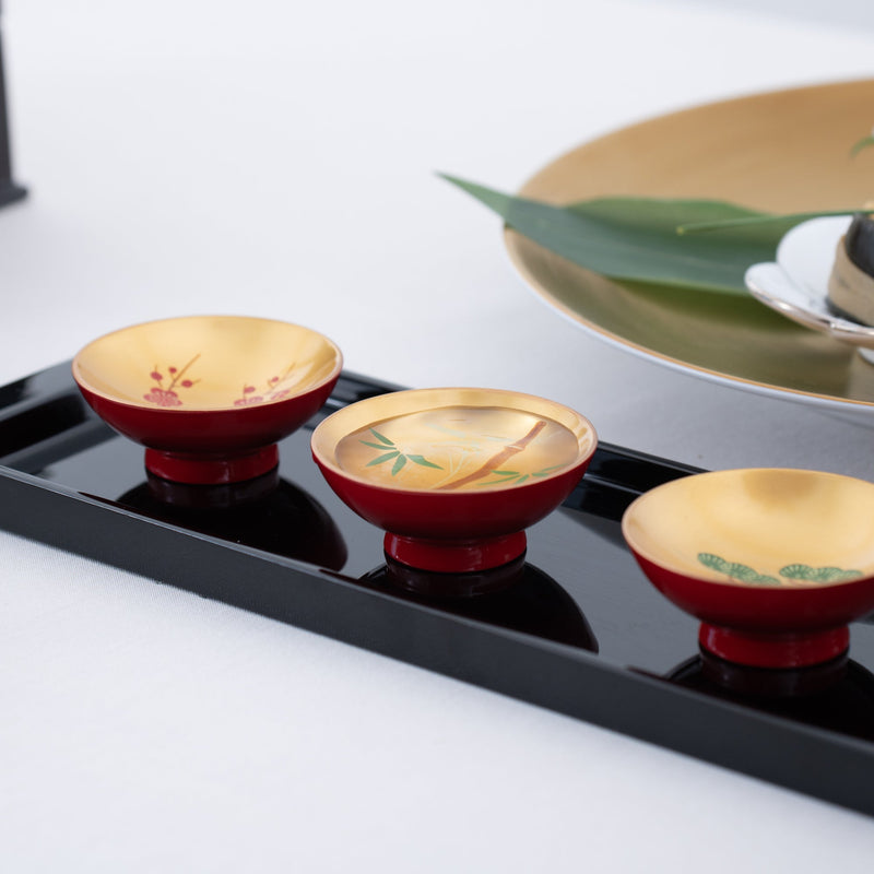 Fukunishi Sobe Pine, Bamboo and Plum Aizu Lacquerware Sakazuki Flat Sake Cup Set of 3 - MUSUBI KILN - Quality Japanese Tableware and Gift