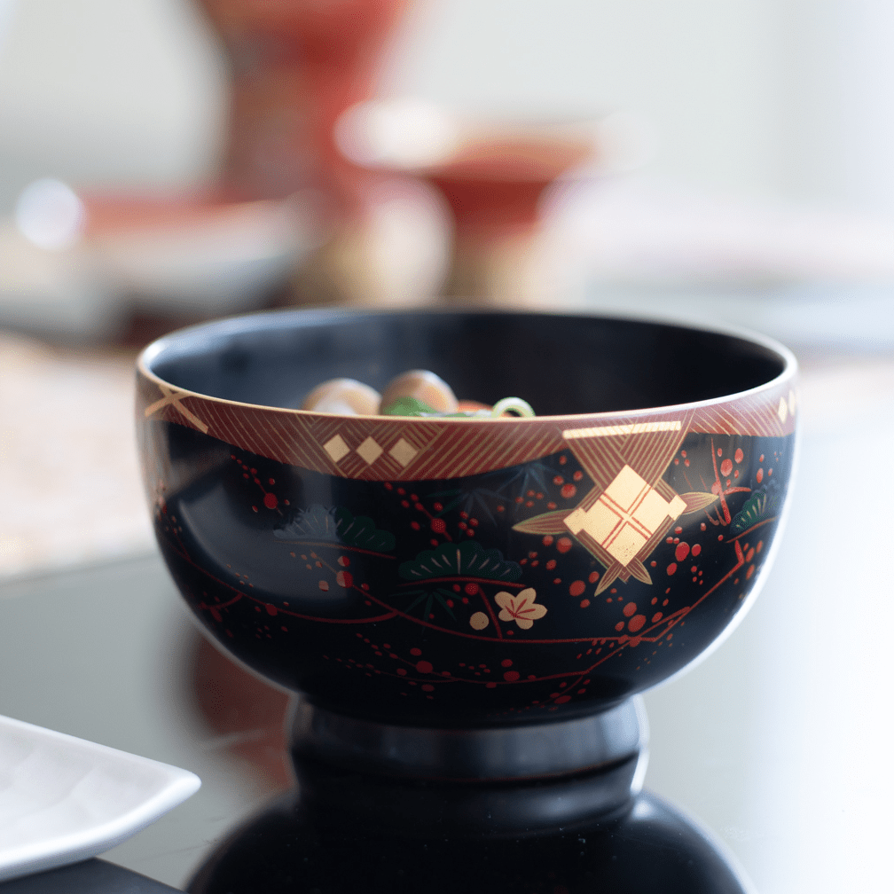 Fukunishi Sobe Pine, Bamboo and Plum Aizu Lacquerware Soup Bowl - MUSUBI KILN - Quality Japanese Tableware and Gift