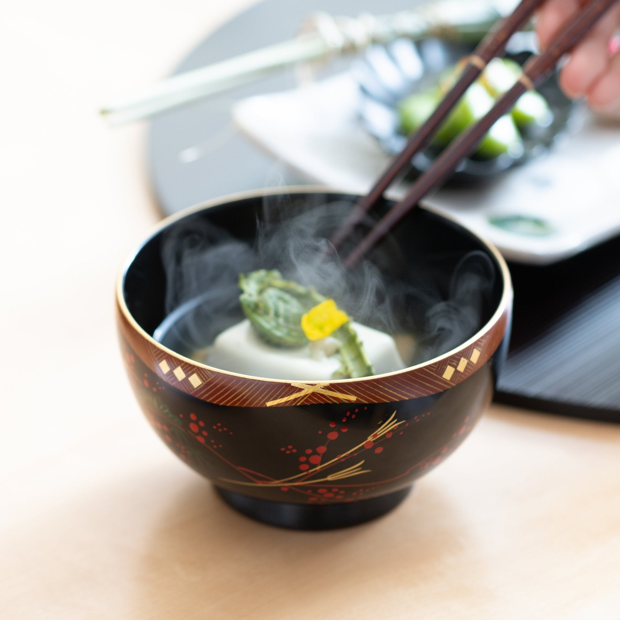 Fukunishi Sobe Pine, Bamboo and Plum Aizu Lacquerware Soup Bowl - MUSUBI KILN - Quality Japanese Tableware and Gift