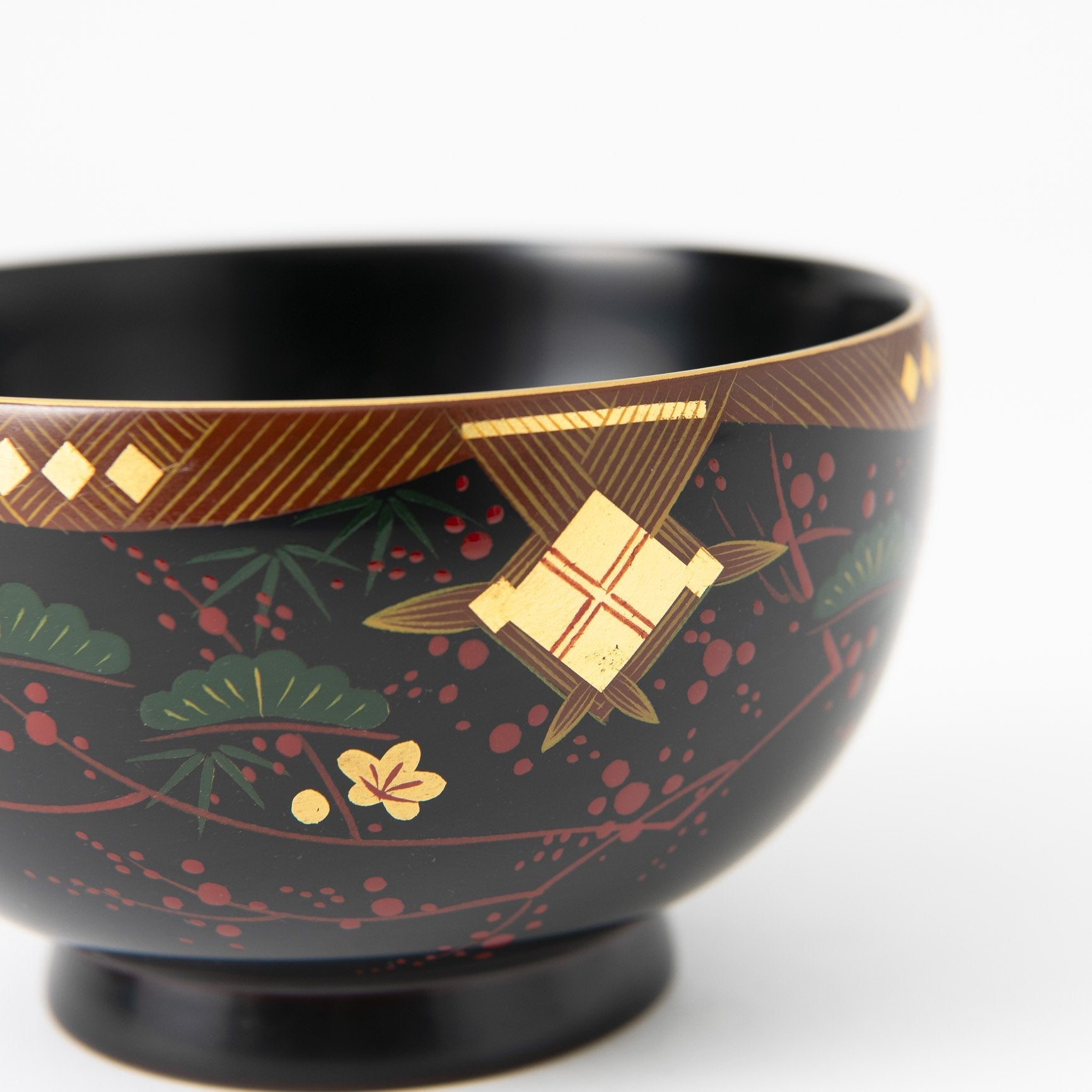 Fukunishi Sobe Pine, Bamboo and Plum Aizu Lacquerware Soup Bowl - MUSUBI KILN - Quality Japanese Tableware and Gift