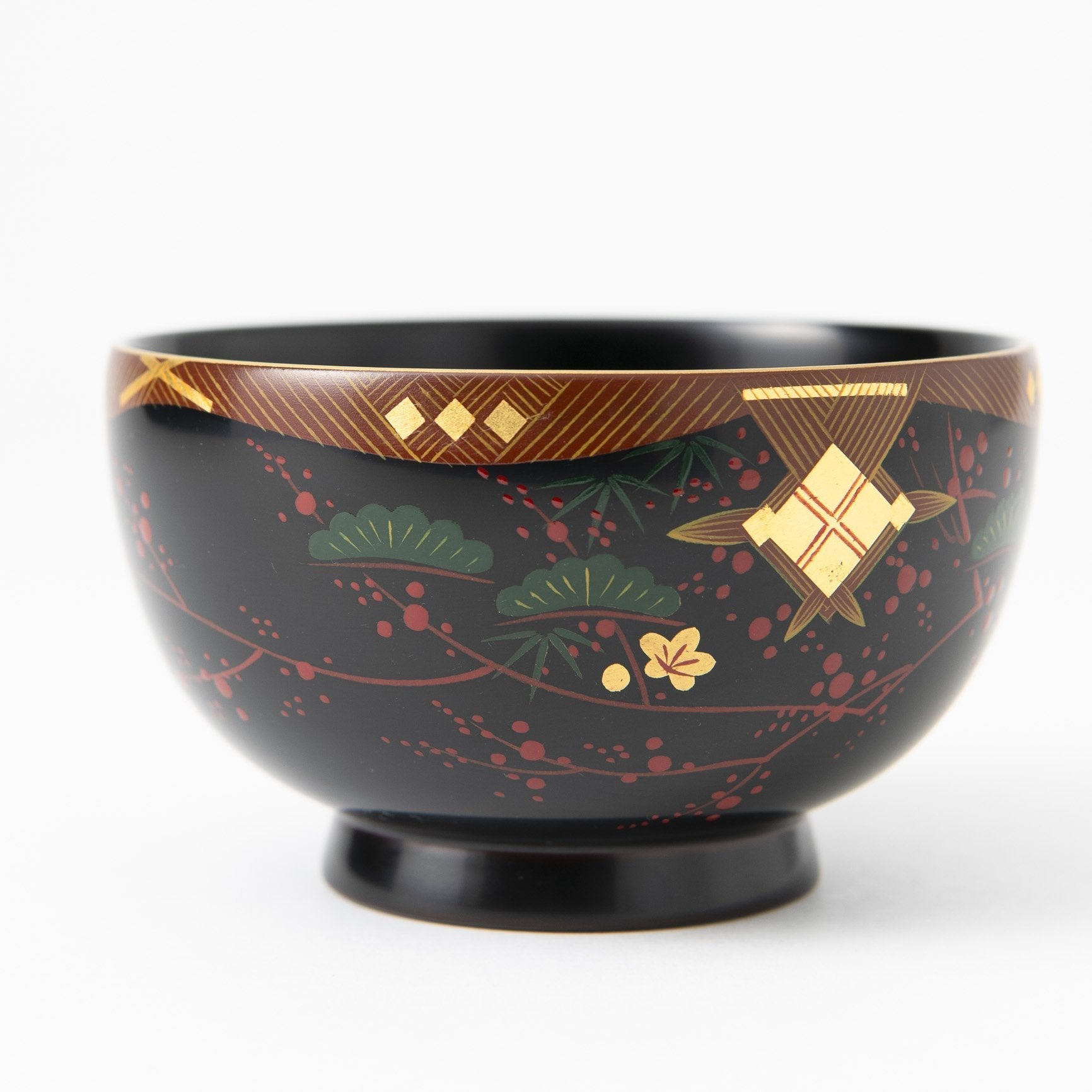 Fukunishi Sobe Pine, Bamboo and Plum Aizu Lacquerware Soup Bowl - MUSUBI KILN - Quality Japanese Tableware and Gift