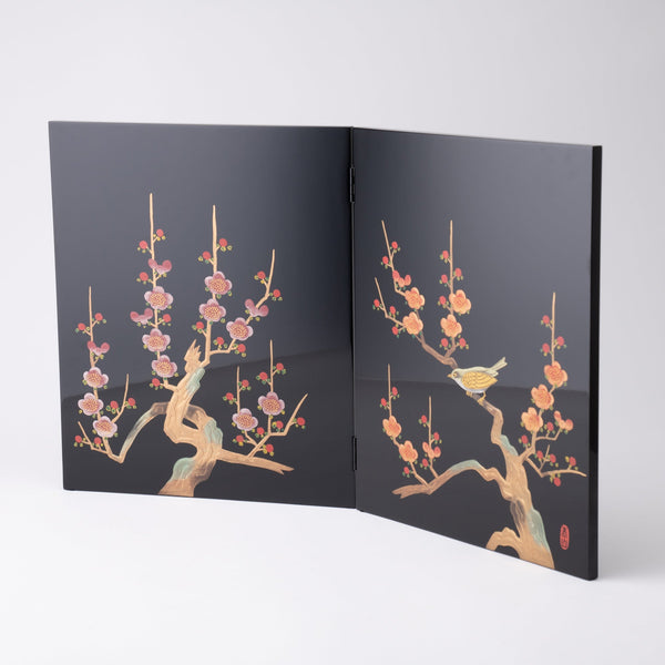 Fukunishi Sobe Plum and Nightingale Aizu Lacquerware Folding Screen - MUSUBI KILN - Quality Japanese Tableware and Gift