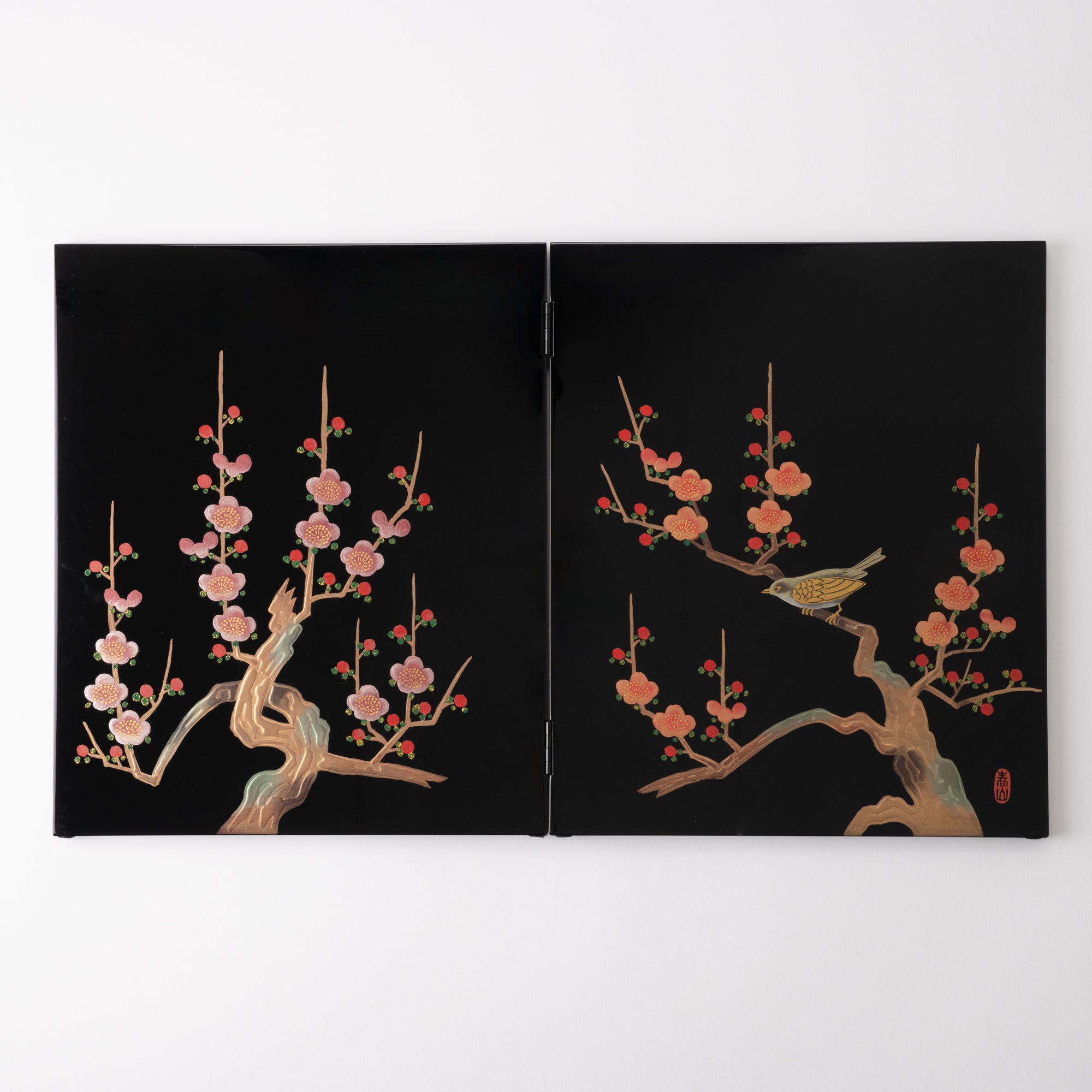 Fukunishi Sobe Plum and Nightingale Aizu Lacquerware Folding Screen - MUSUBI KILN - Quality Japanese Tableware and Gift