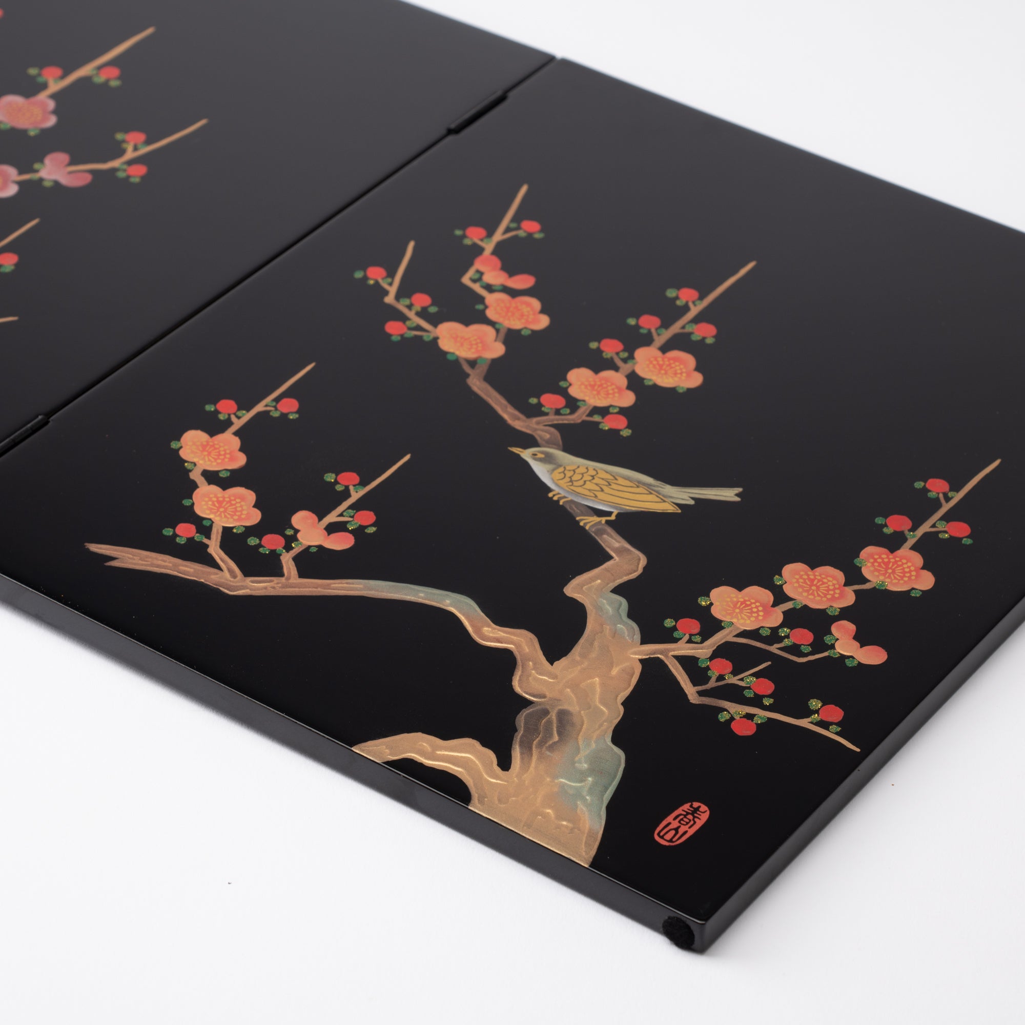 Fukunishi Sobe Plum and Nightingale Aizu Lacquerware Folding Screen - MUSUBI KILN - Quality Japanese Tableware and Gift