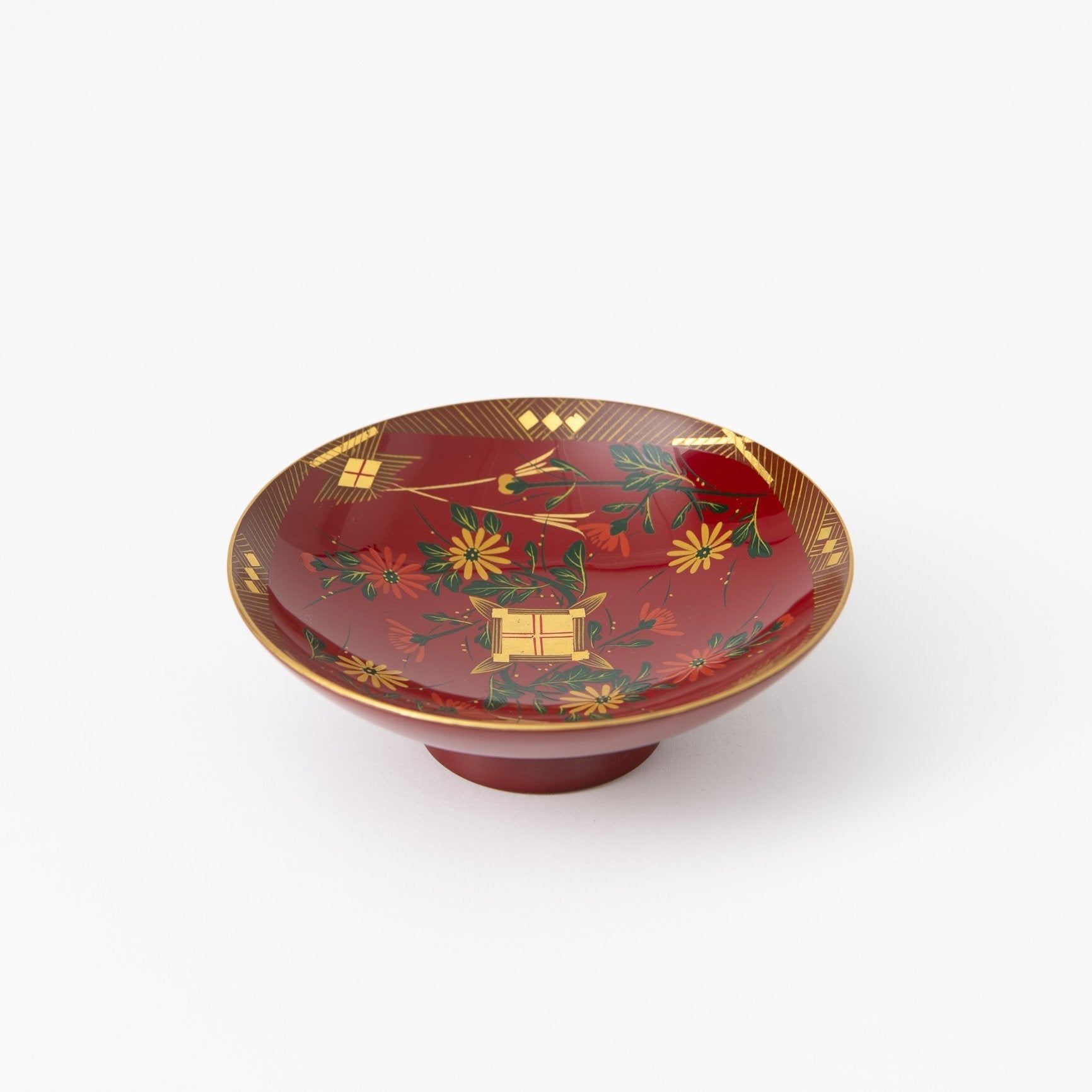 Fukunishi Sobe Red Chrysanthemum Aizu Lacquerware Sakazuki Flat Sake Cup with Stand - MUSUBI KILN - Quality Japanese Tableware and Gift