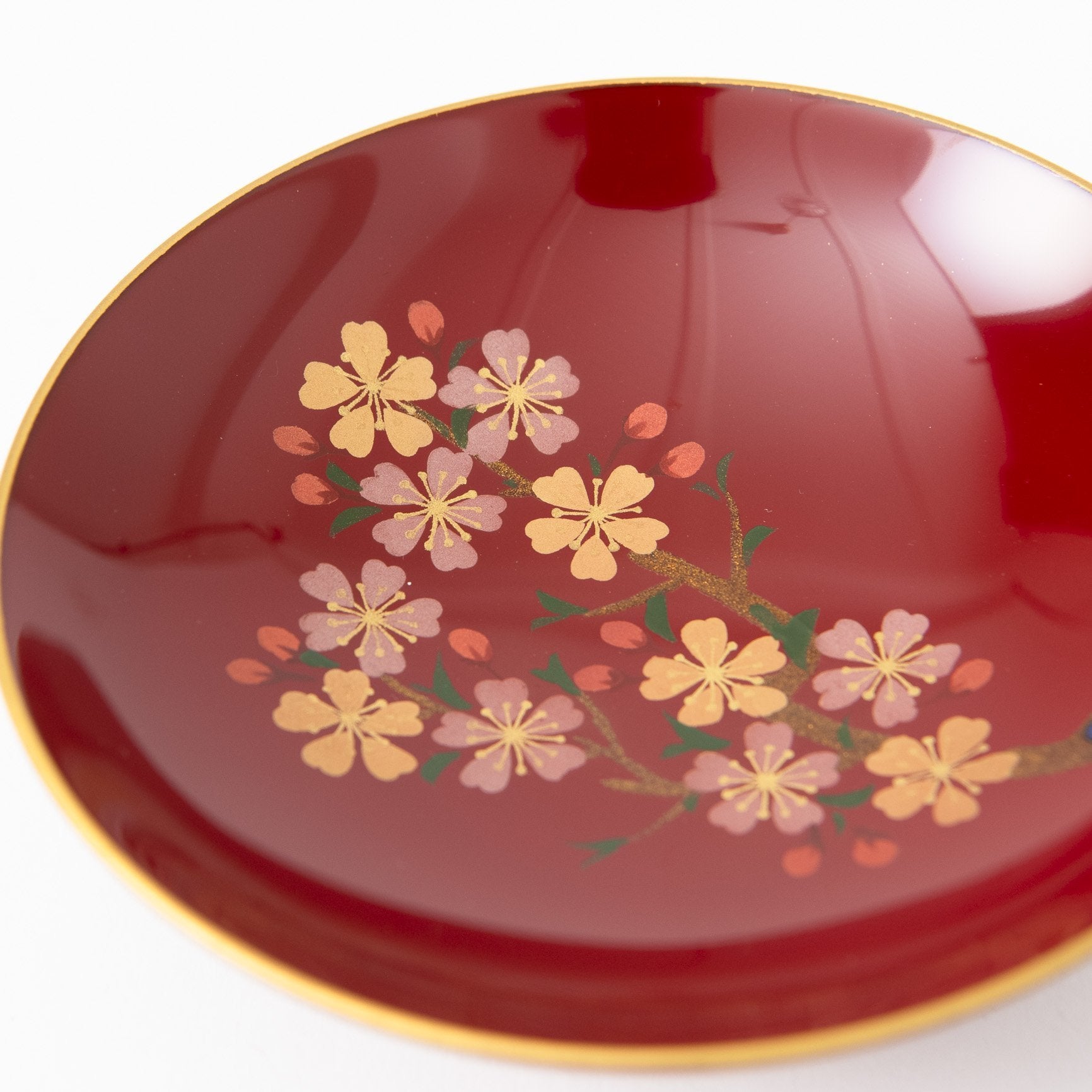 Fukunishi Sobe Red Sakura Aizu Lacquerware Sakazuki Flat Sake Cup with Stand - MUSUBI KILN - Quality Japanese Tableware and Gift