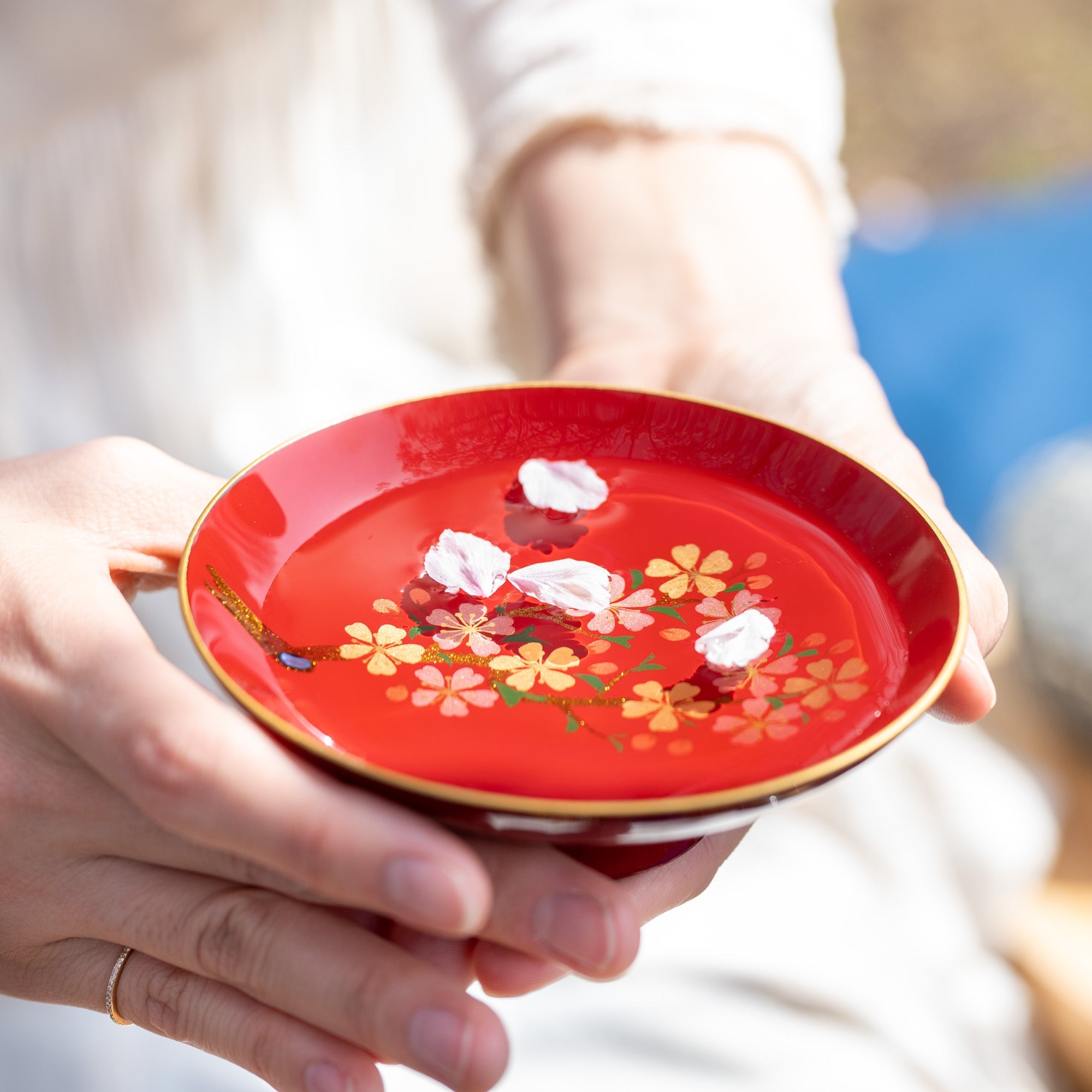 Fukunishi Sobe Red Sakura Aizu Lacquerware Sakazuki Flat Sake Cup with Stand - MUSUBI KILN - Quality Japanese Tableware and Gift