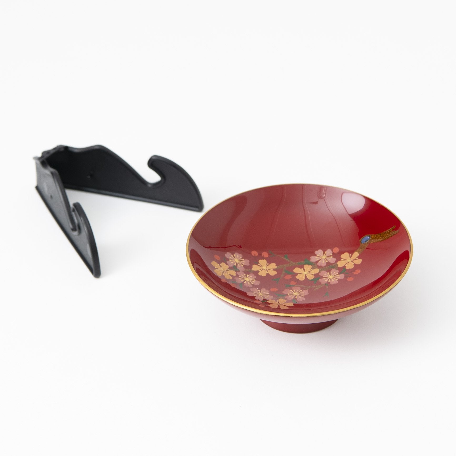 Fukunishi Sobe Red Sakura Aizu Lacquerware Sakazuki Flat Sake Cup with Stand - MUSUBI KILN - Quality Japanese Tableware and Gift