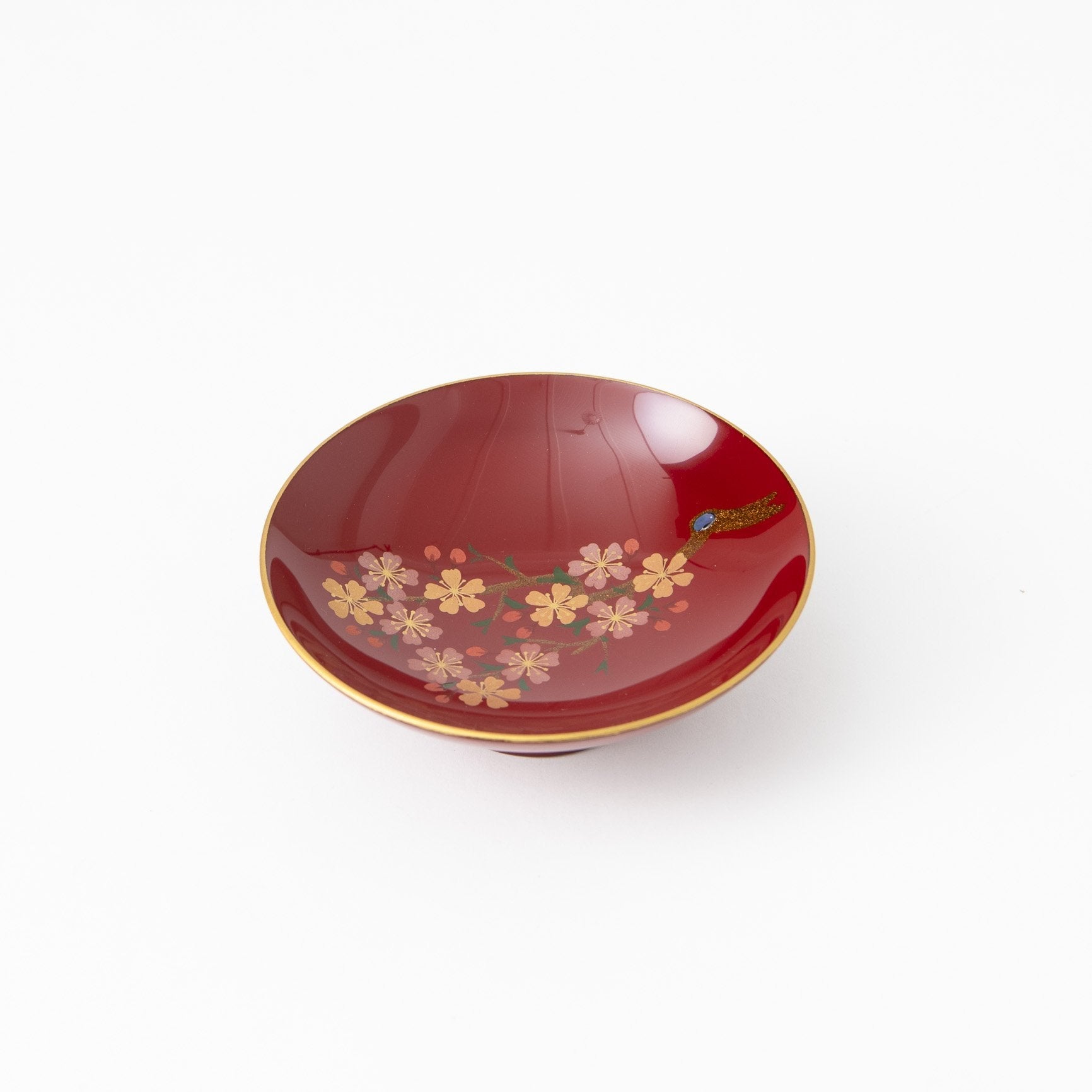 Fukunishi Sobe Red Sakura Aizu Lacquerware Sakazuki Flat Sake Cup with Stand - MUSUBI KILN - Quality Japanese Tableware and Gift