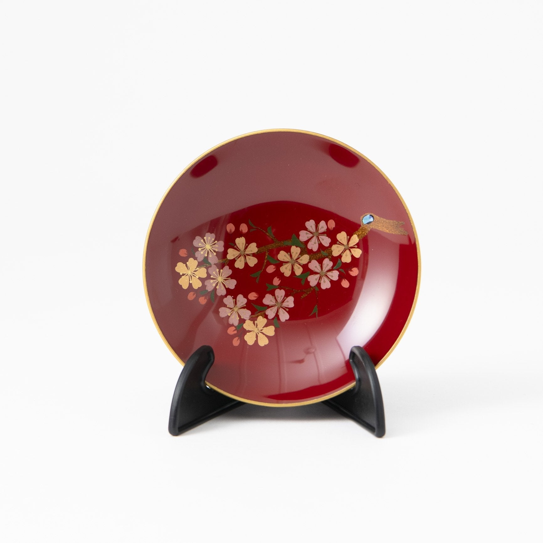 Fukunishi Sobe Red Sakura Aizu Lacquerware Sakazuki Flat Sake Cup with Stand - MUSUBI KILN - Quality Japanese Tableware and Gift