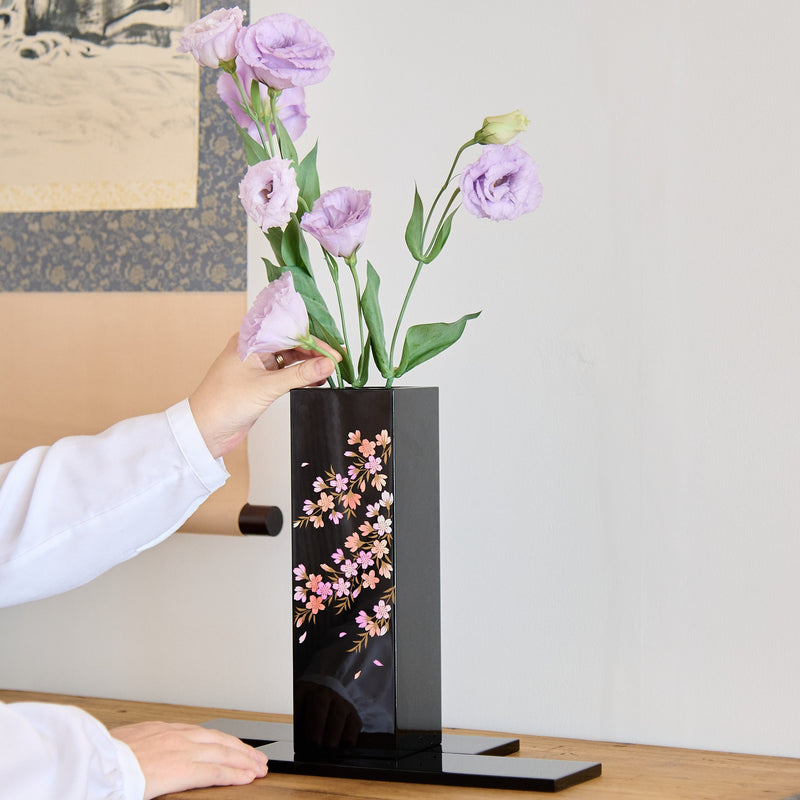 Fukunishi Sobe Sakura Aizu Lacquerware Flower Vase with Tray - MUSUBI KILN - Quality Japanese Tableware and Gift