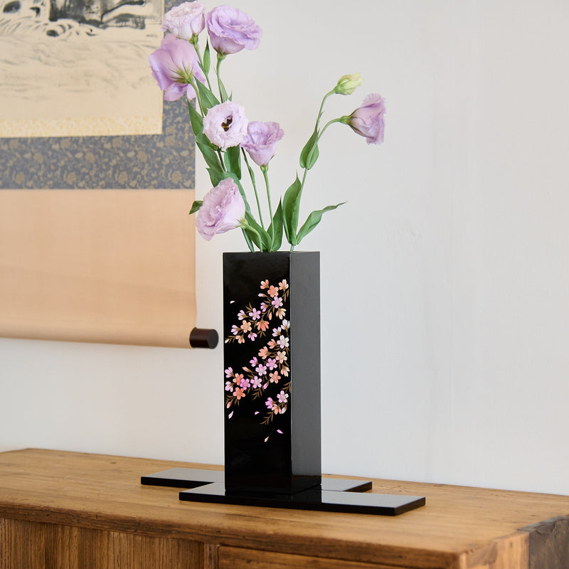 Fukunishi Sobe Sakura Aizu Lacquerware Flower Vase with Tray - MUSUBI KILN - Quality Japanese Tableware and Gift