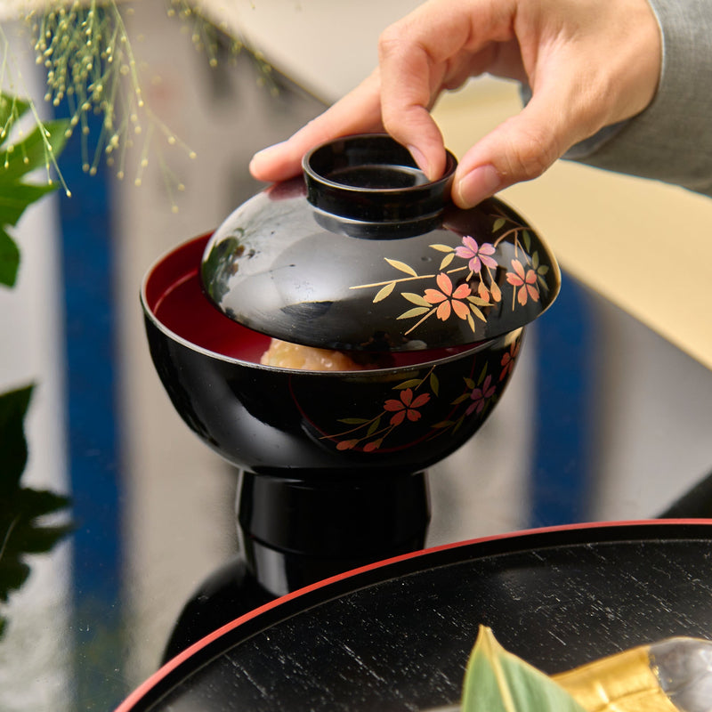 Fukunishi Sobe Sakura Aizu Lacquerware Soup Bowl with lid - MUSUBI KILN - Quality Japanese Tableware and Gift