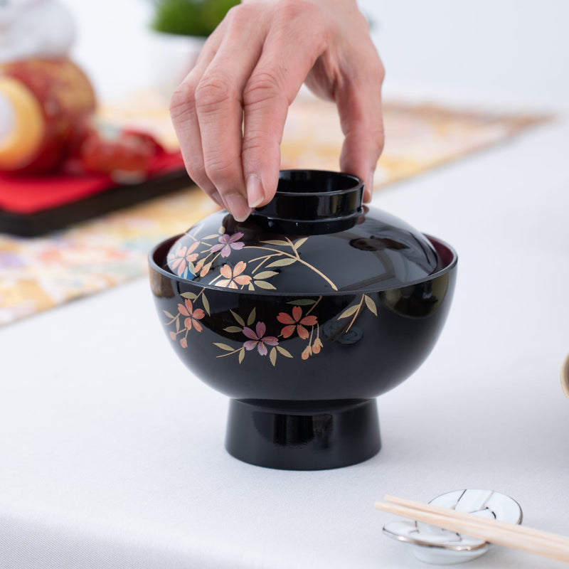 Fukunishi Sobe Sakura Aizu Lacquerware Soup Bowl with lid - MUSUBI KILN - Quality Japanese Tableware and Gift