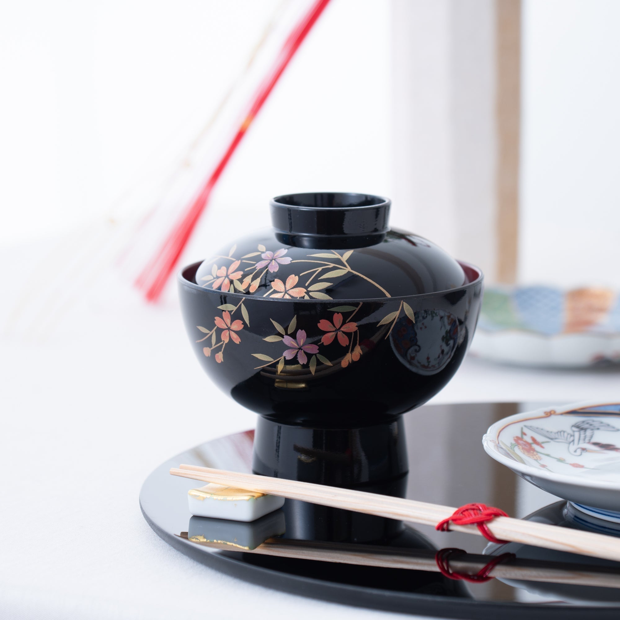 Fukunishi Sobe Sakura Aizu Lacquerware Soup Bowl with lid - MUSUBI KILN - Quality Japanese Tableware and Gift