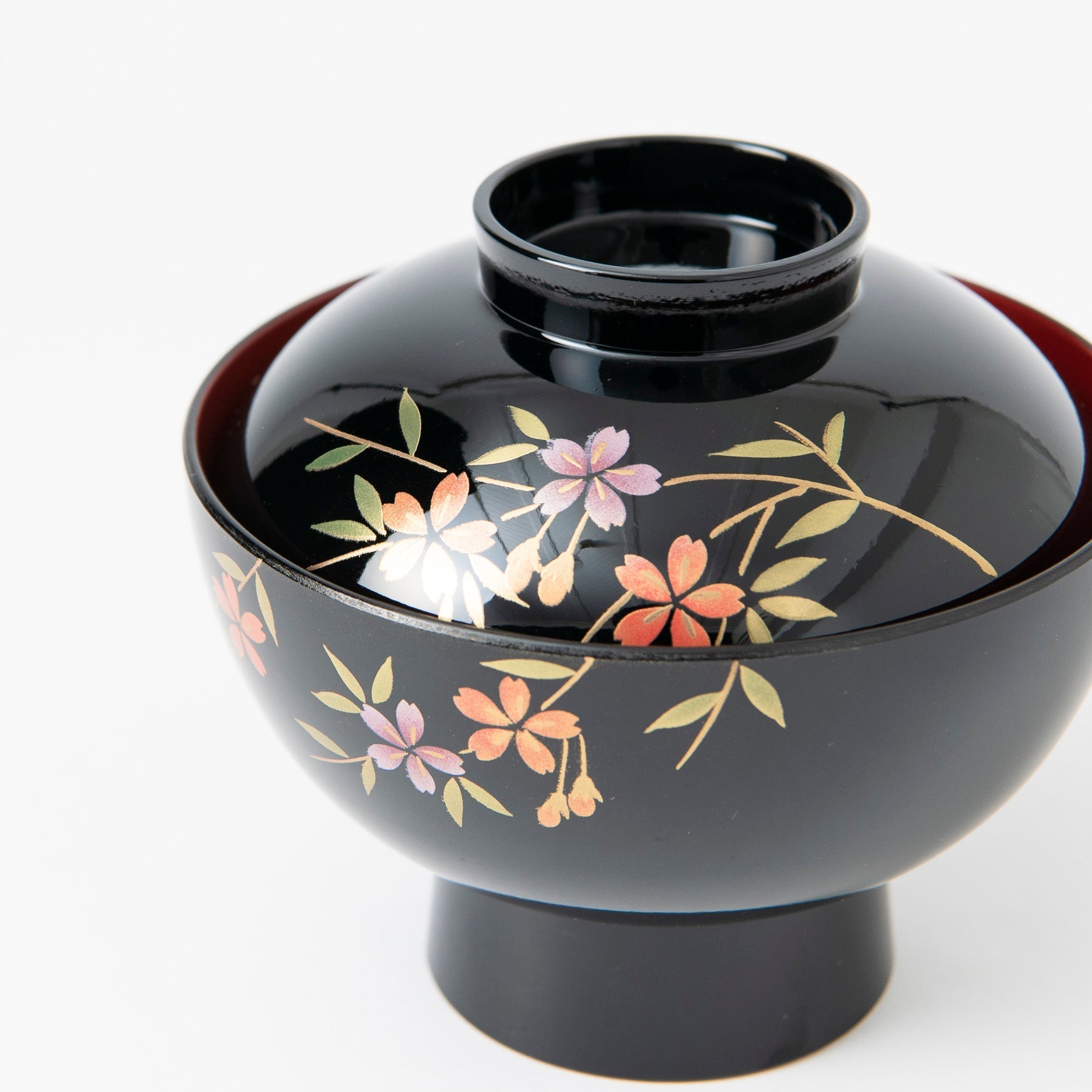 Fukunishi Sobe Sakura Aizu Lacquerware Soup Bowl with lid - MUSUBI KILN - Quality Japanese Tableware and Gift