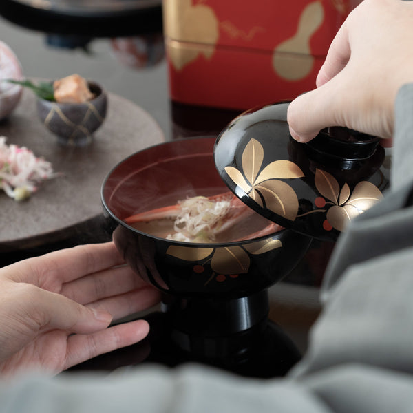 Fukunishi Sobe Spear Flower Aizu Lacquerware Soup Bowl with lid - MUSUBI KILN - Quality Japanese Tableware and Gift