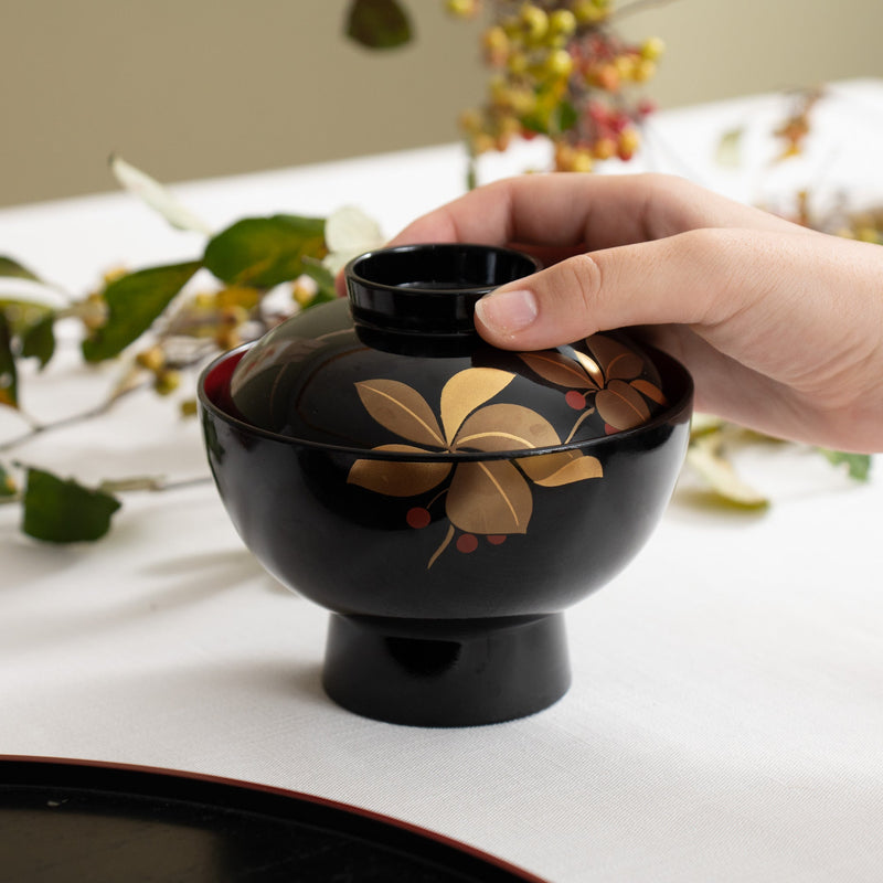 Fukunishi Sobe Spear Flower Aizu Lacquerware Soup Bowl with lid - MUSUBI KILN - Quality Japanese Tableware and Gift