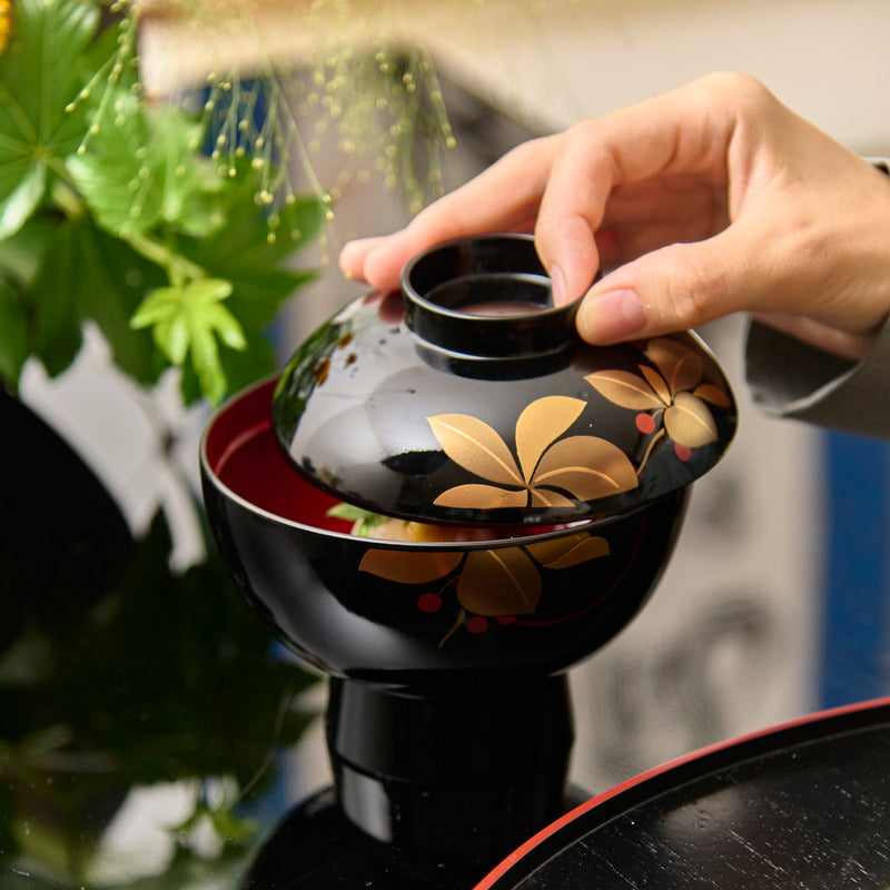 Fukunishi Sobe Spear Flower Aizu Lacquerware Soup Bowl with lid - MUSUBI KILN - Quality Japanese Tableware and Gift