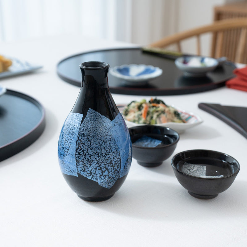 Ginsai Blue Kutani Sake Set with Tray - MUSUBI KILN - Quality Japanese Tableware and Gift