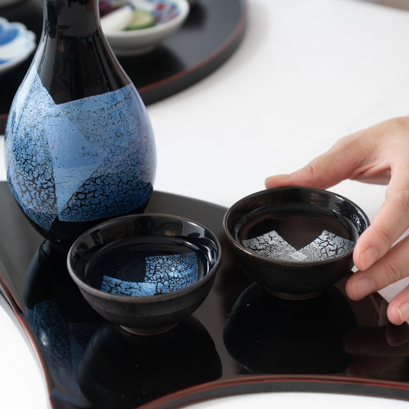 Ginsai Blue Kutani Sake Set with Tray - MUSUBI KILN - Quality Japanese Tableware and Gift