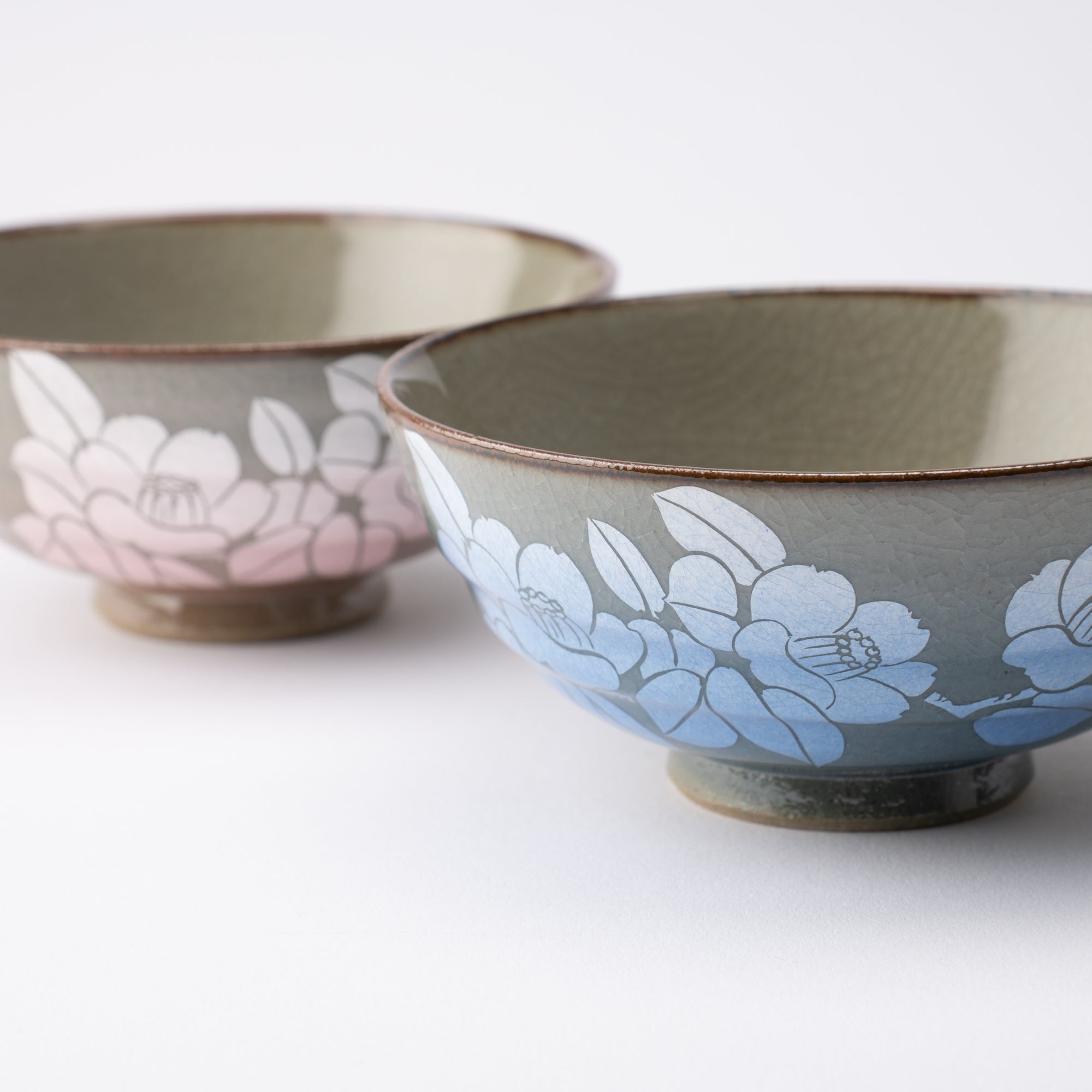 Ginsai Sasanqua Kutani Japanese Rice Bowl Pair - MUSUBI KILN - Quality Japanese Tableware and Gift