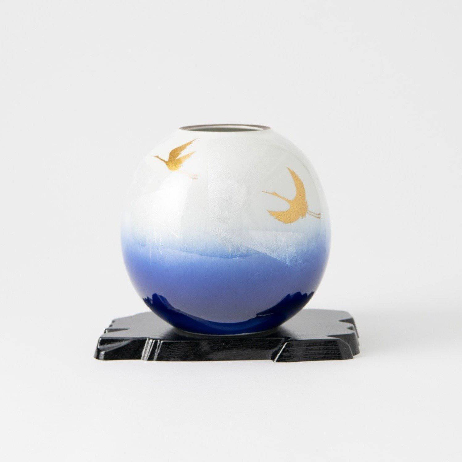 Ginsai Two Cranes Kutani Japanese Flower Vase with stand - MUSUBI KILN - Quality Japanese Tableware and Gift