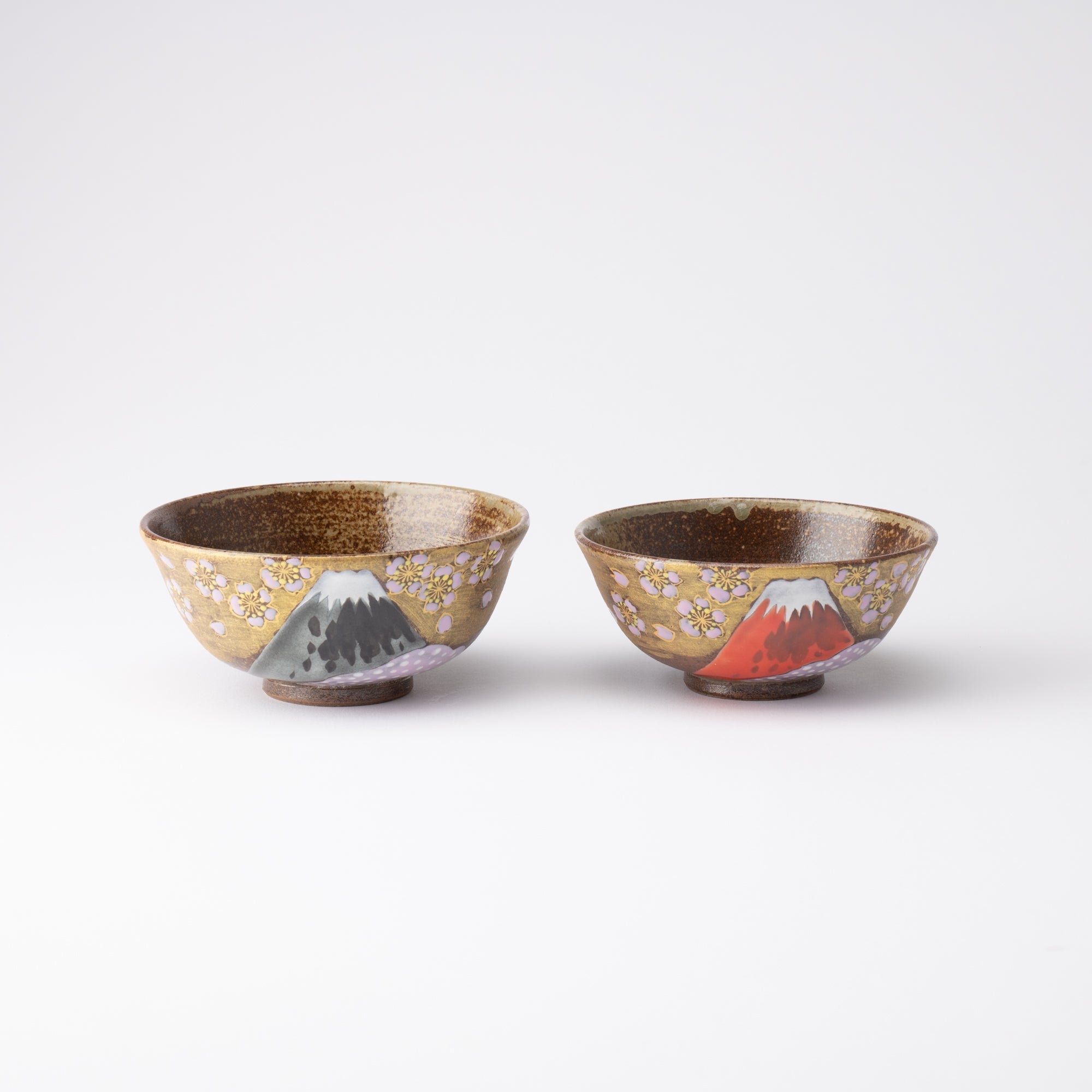 Golden Cloud, Sakura and Mt. Fuji Kutani Japanese Rice Bowl Pair - MUSUBI KILN - Quality Japanese Tableware and Gift