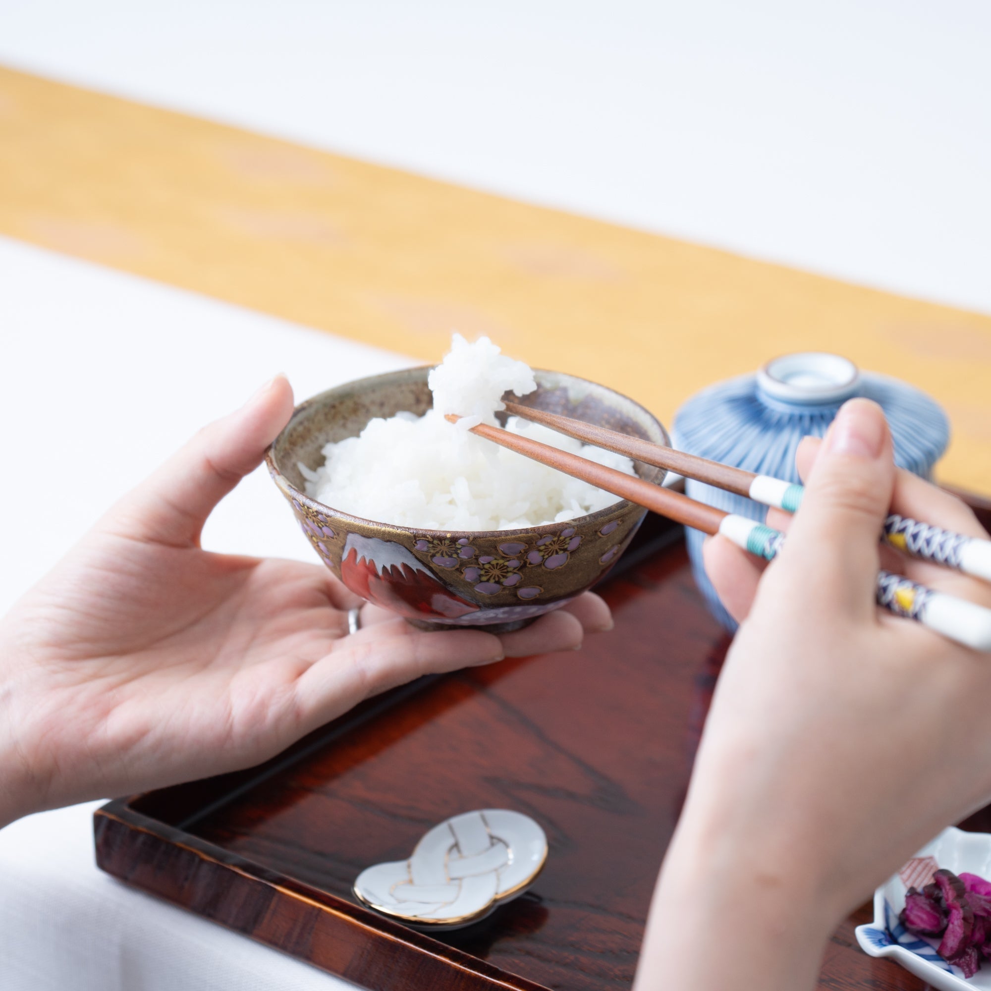 Golden Cloud, Sakura and Mt. Fuji Kutani Japanese Rice Bowl Pair - MUSUBI KILN - Quality Japanese Tableware and Gift