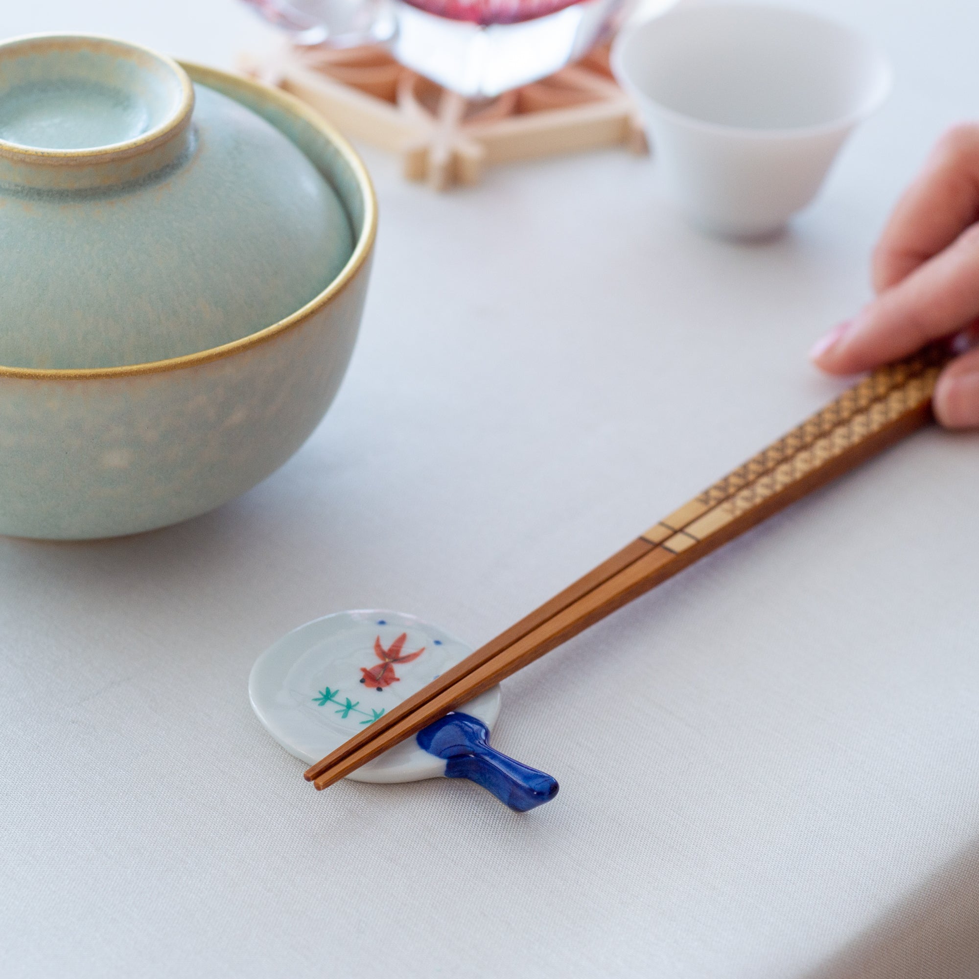 Goldfish Paper Fan Kyo Ware Chopstick Rest Set - MUSUBI KILN - Quality Japanese Tableware and Gift