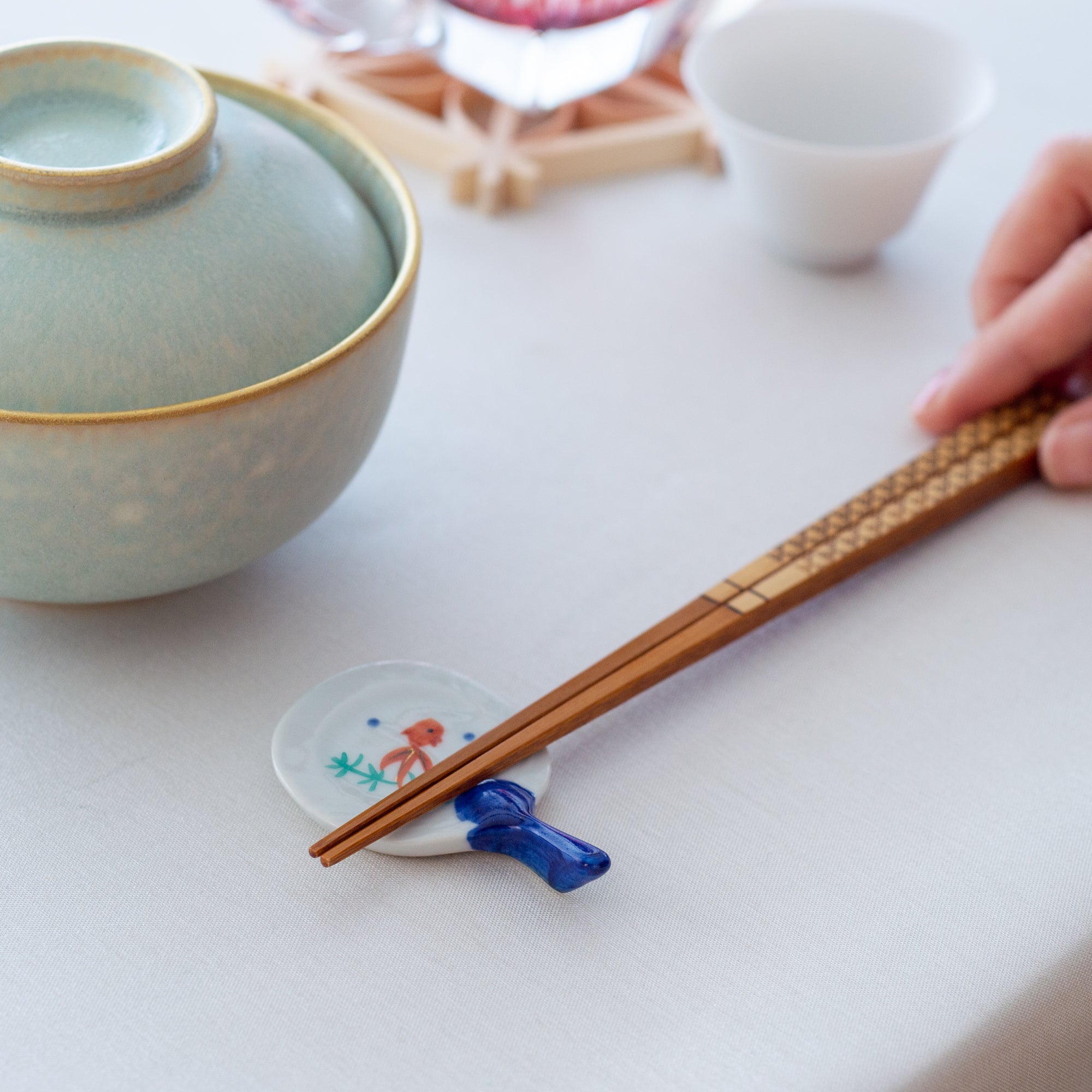 Goldfish Paper Fan Kyo Ware Chopstick Rest Set - MUSUBI KILN - Quality Japanese Tableware and Gift