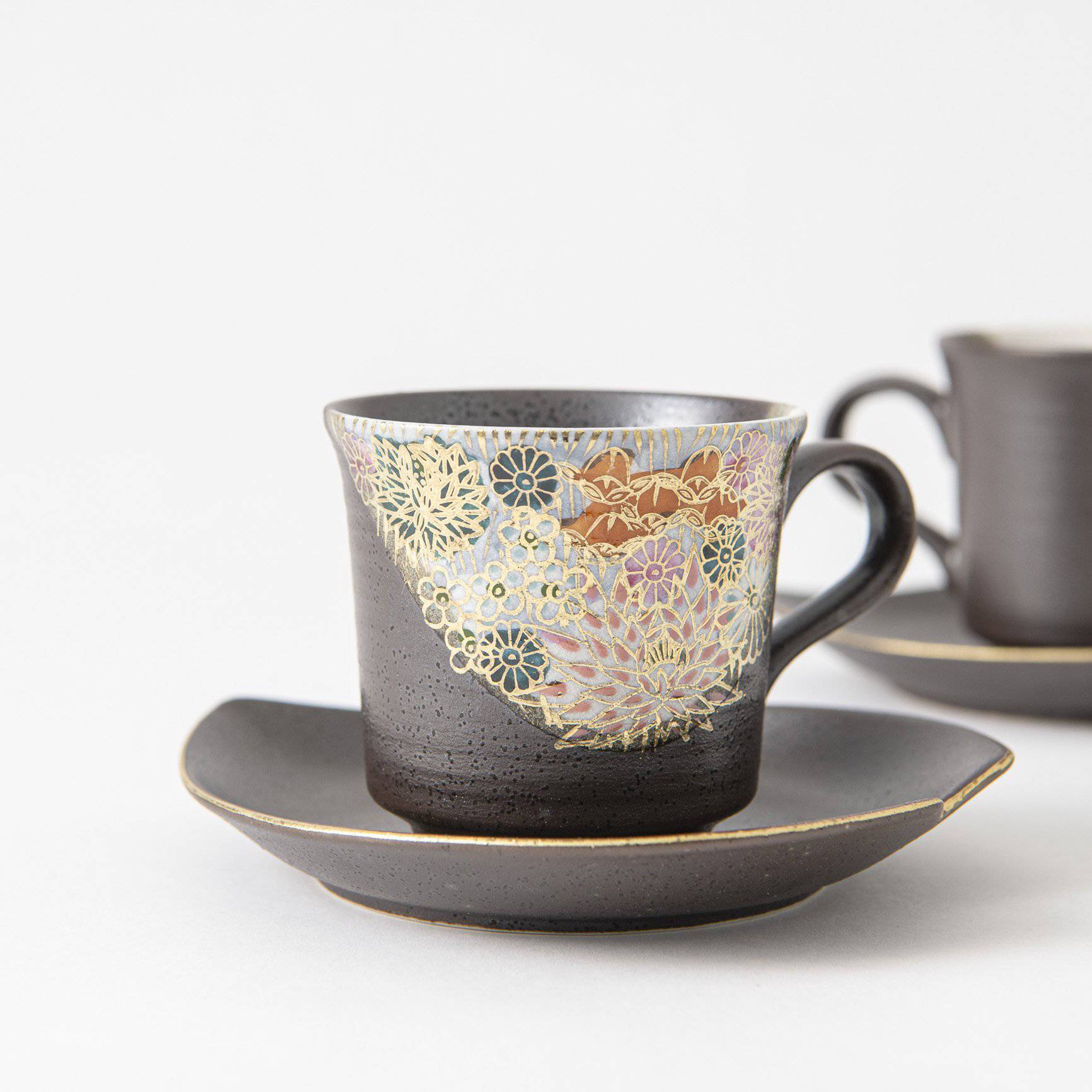 Hanazume Kutani Cup and Sakura Shaped Saucer Pair - MUSUBI KILN - Quality Japanese Tableware and Gift