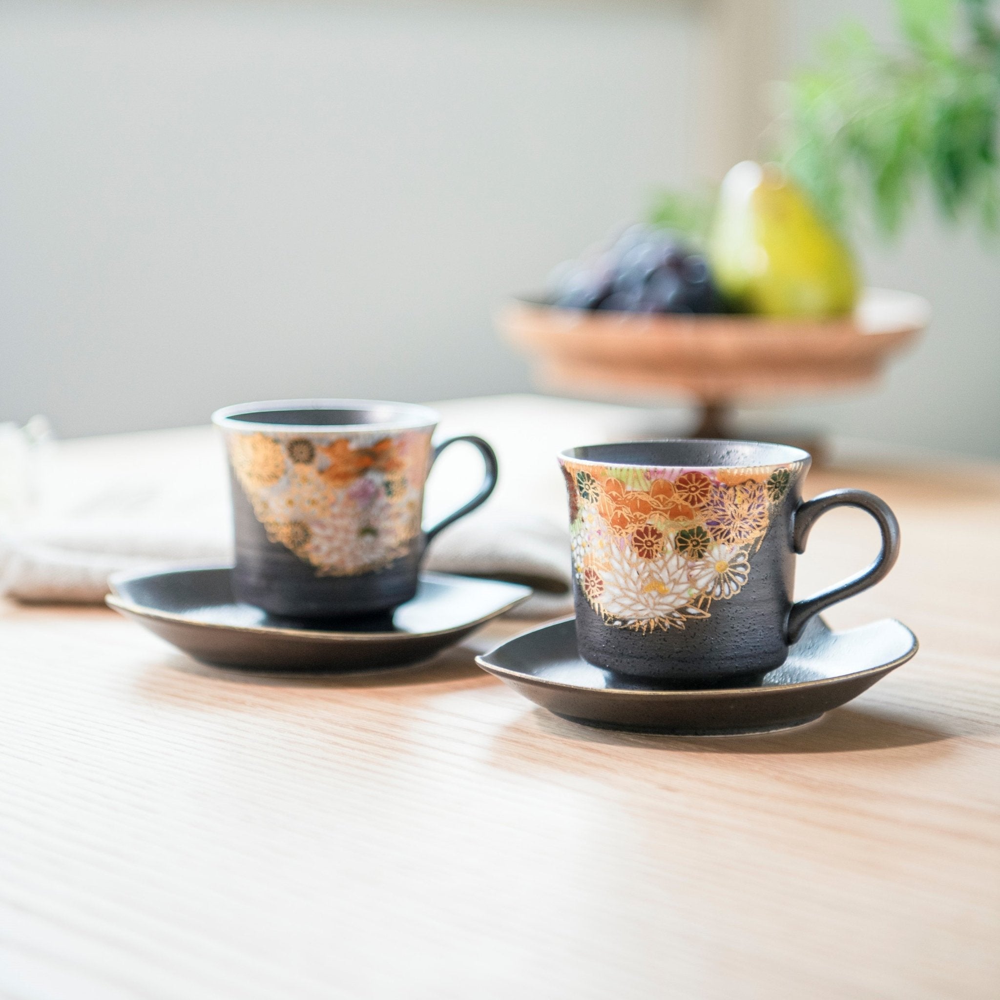 Hanazume Kutani Cup and Sakura Shaped Saucer Pair - MUSUBI KILN - Quality Japanese Tableware and Gift