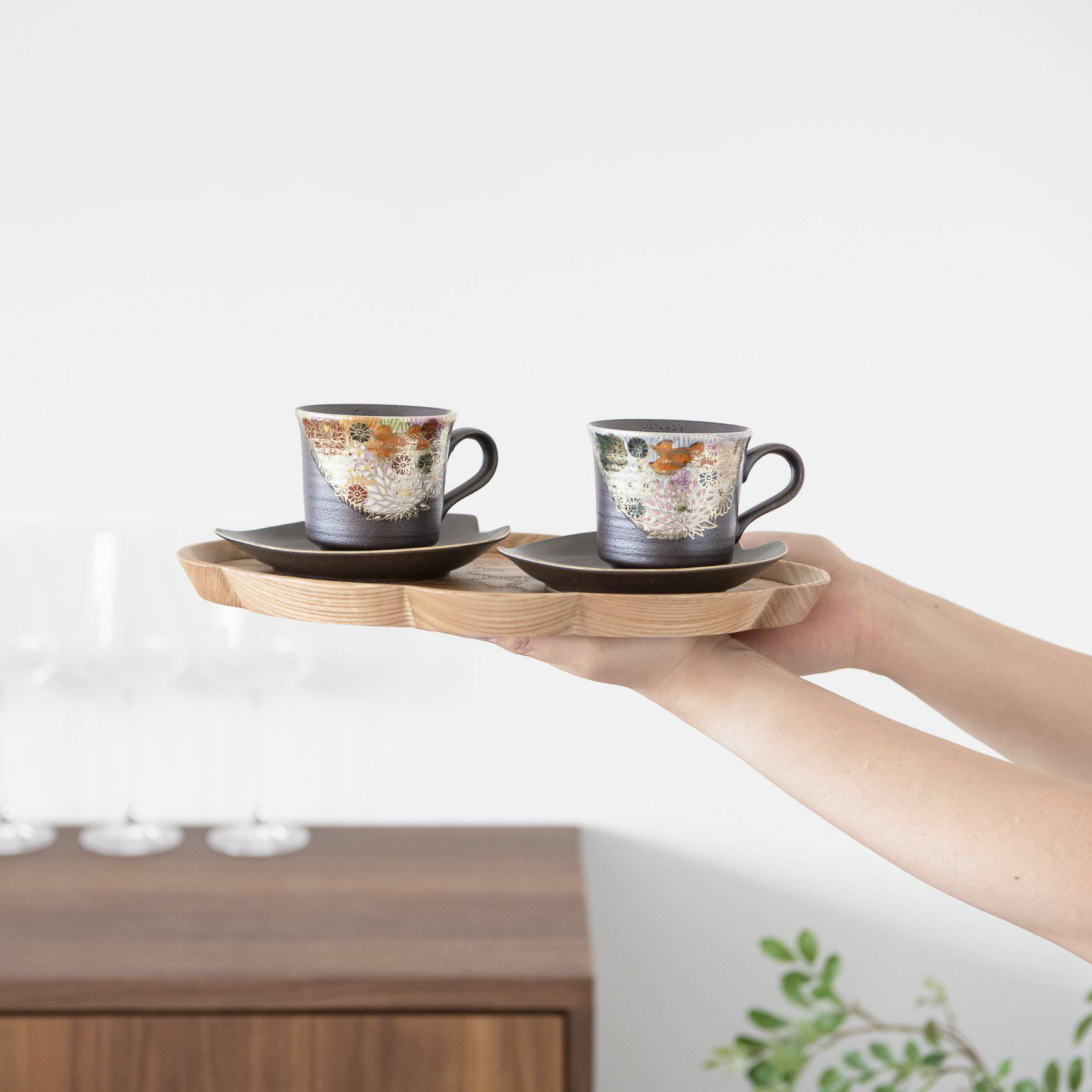 Hanazume Kutani Cup and Sakura Shaped Saucer Pair - MUSUBI KILN - Quality Japanese Tableware and Gift