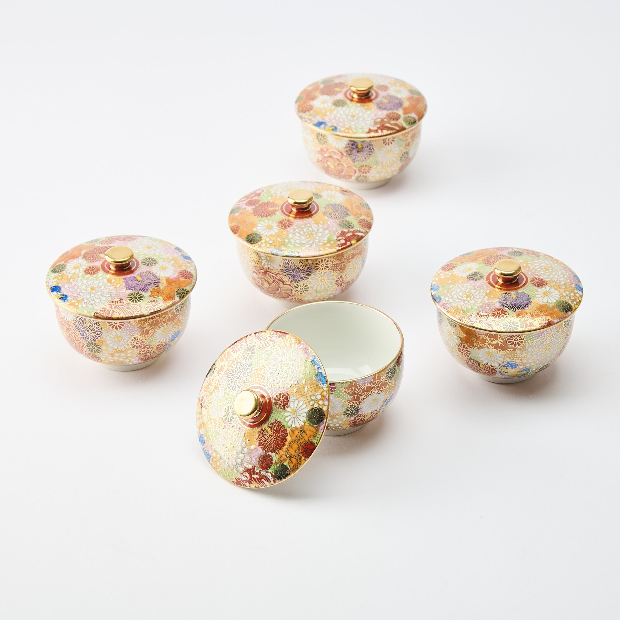 Hanazume Kutani Japanese Teacup Set of 5 - MUSUBI KILN - Quality Japanese Tableware and Gift