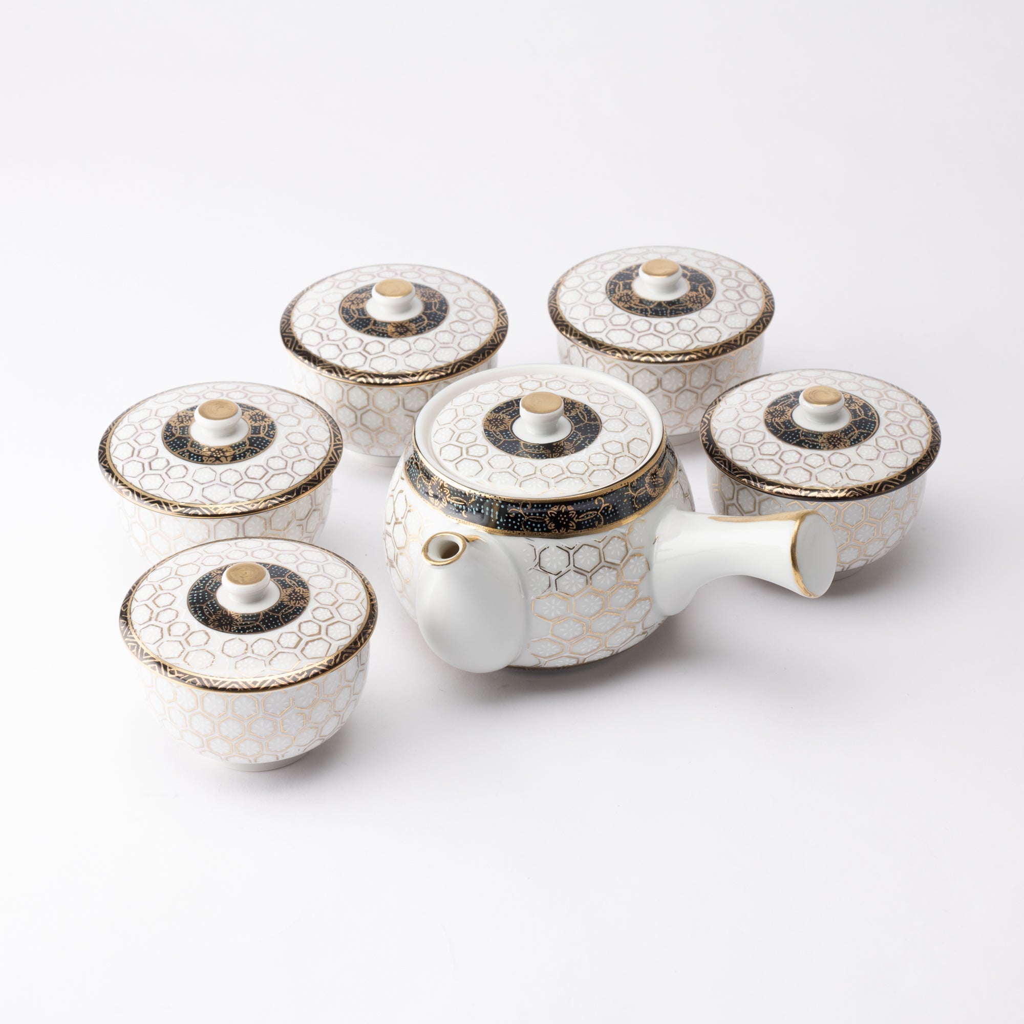 Hexagonal Pattern Kutani Japanese Teapot Set - MUSUBI KILN - Quality Japanese Tableware and Gift