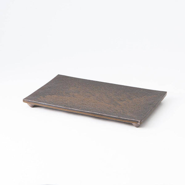 Hibino Ash Glaze Mino Ware Footed Rectangle Plate 11.8 in - MUSUBI KILN - Quality Japanese Tableware and Gift