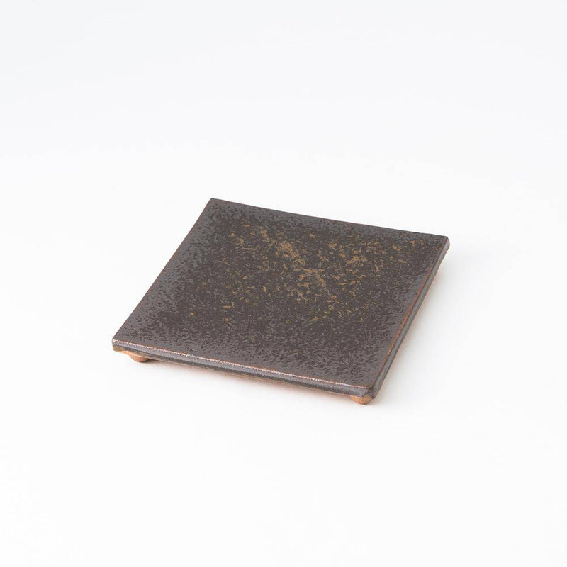 Hibino Ash Glaze Mino Ware Footed Square Plate 7in - MUSUBI KILN - Quality Japanese Tableware and Gift