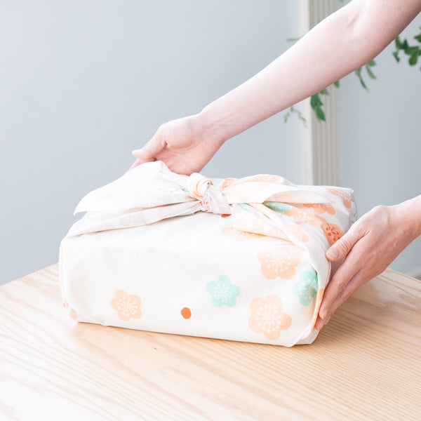 Hime - Musubi Light Orange and Mint Green Plum Organic Cotton Furoshiki Wrapping Cloth 39in - MUSUBI KILN - Quality Japanese Tableware and Gift