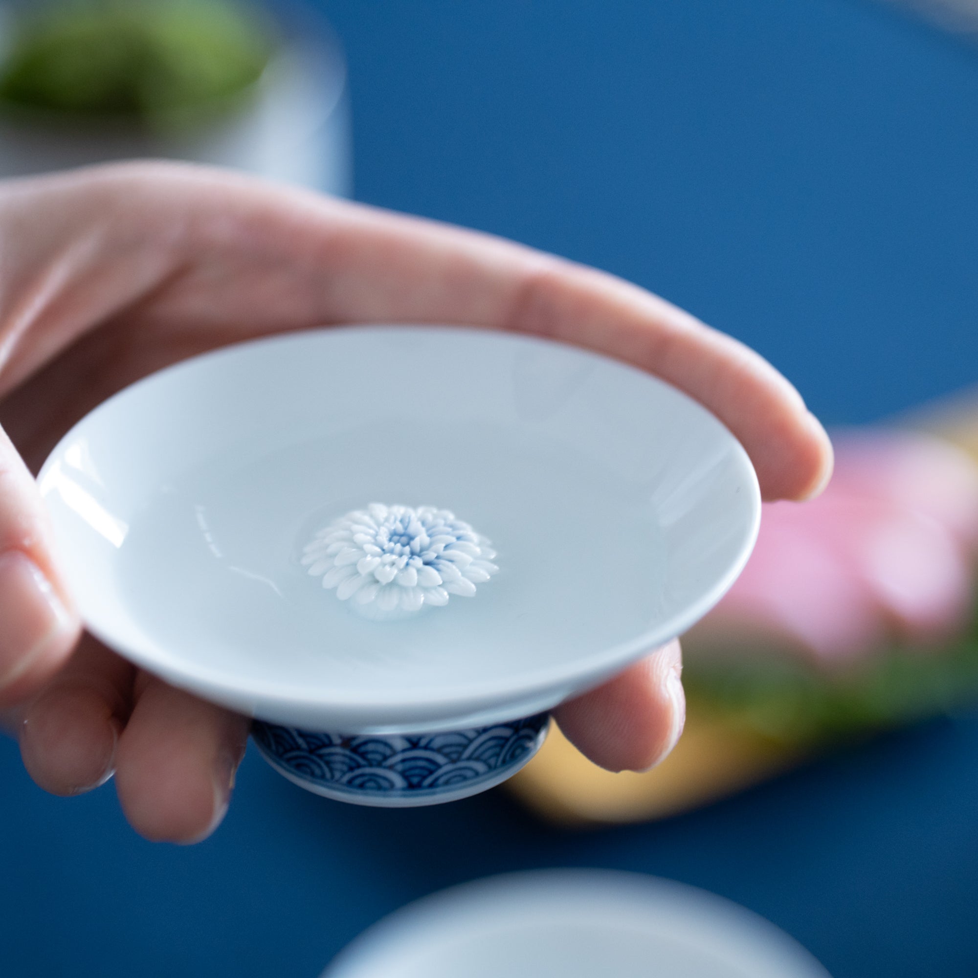 Hirado Chrysanthemum Mikawachi Ware Sakazuki Flat Sake Cup - MUSUBI KILN - Quality Japanese Tableware and Gift