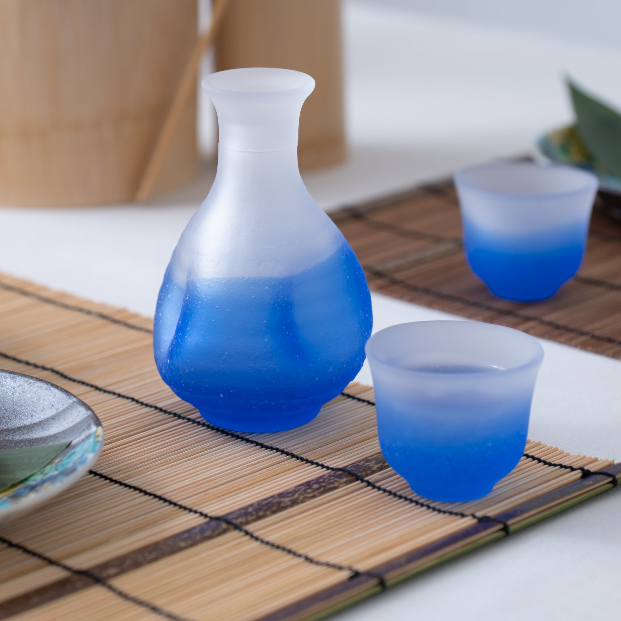 Hirota Blue Fubuki 3 - Piece Edo Glass Sake Set - MUSUBI KILN - Quality Japanese Tableware and Gift