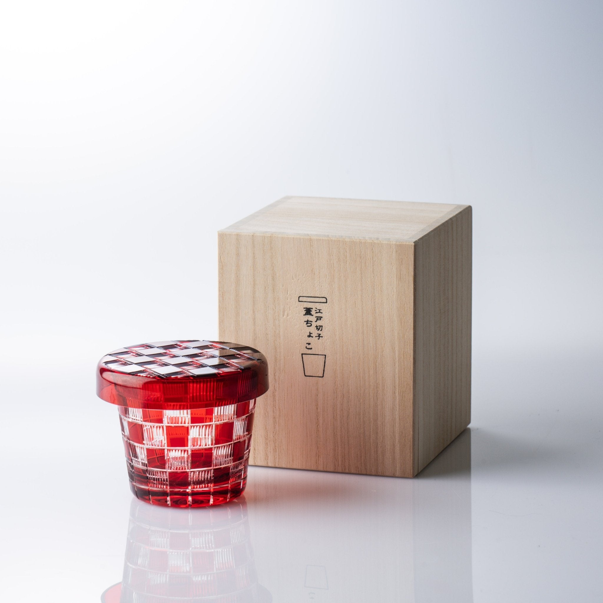 Hirota Checkered Pattern Edo Kiriko Glass Soba Choko Cup with Lid - MUSUBI KILN - Quality Japanese Tableware and Gift