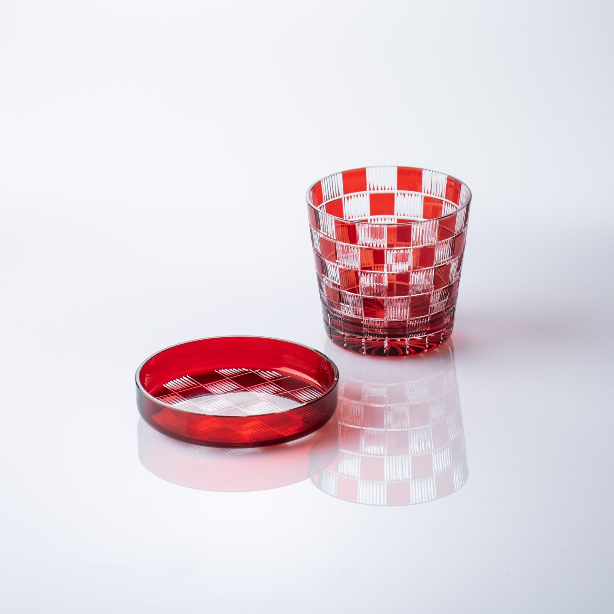 Hirota Checkered Pattern Edo Kiriko Glass Soba Choko Cup with Lid - MUSUBI KILN - Quality Japanese Tableware and Gift