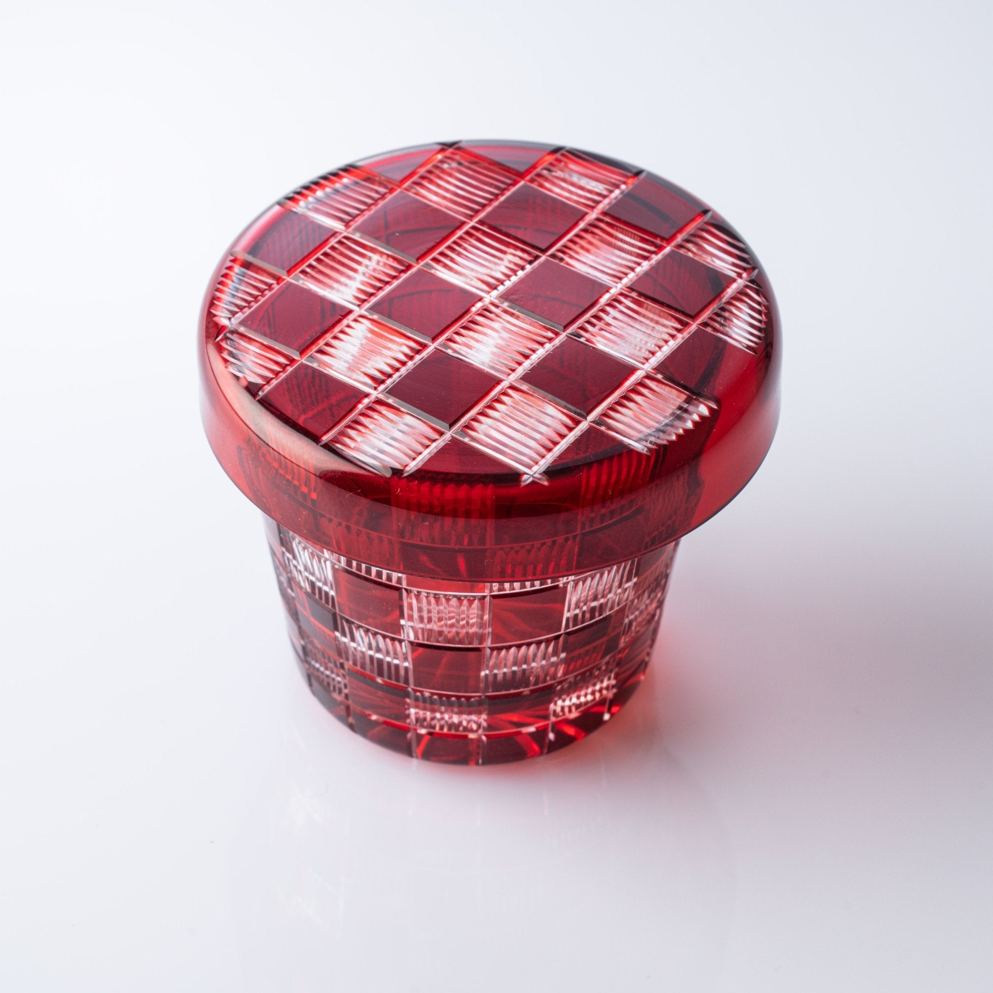 Hirota Checkered Pattern Edo Kiriko Glass Soba Choko Cup with Lid - MUSUBI KILN - Quality Japanese Tableware and Gift